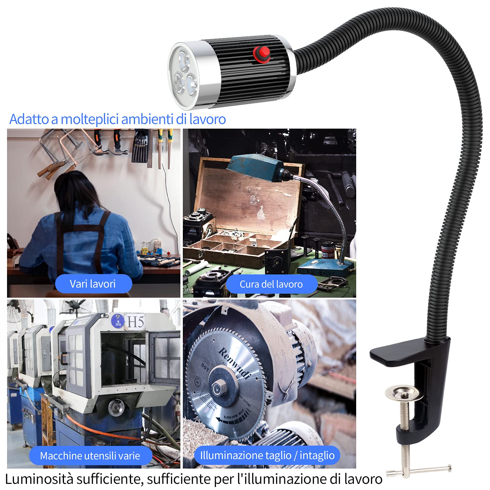 Luce a collo d'oca flessibile a led 900 lumen fissa con morsetto a C Lampada da lavoro per illuminazione industriale per macchine utensili e tornio