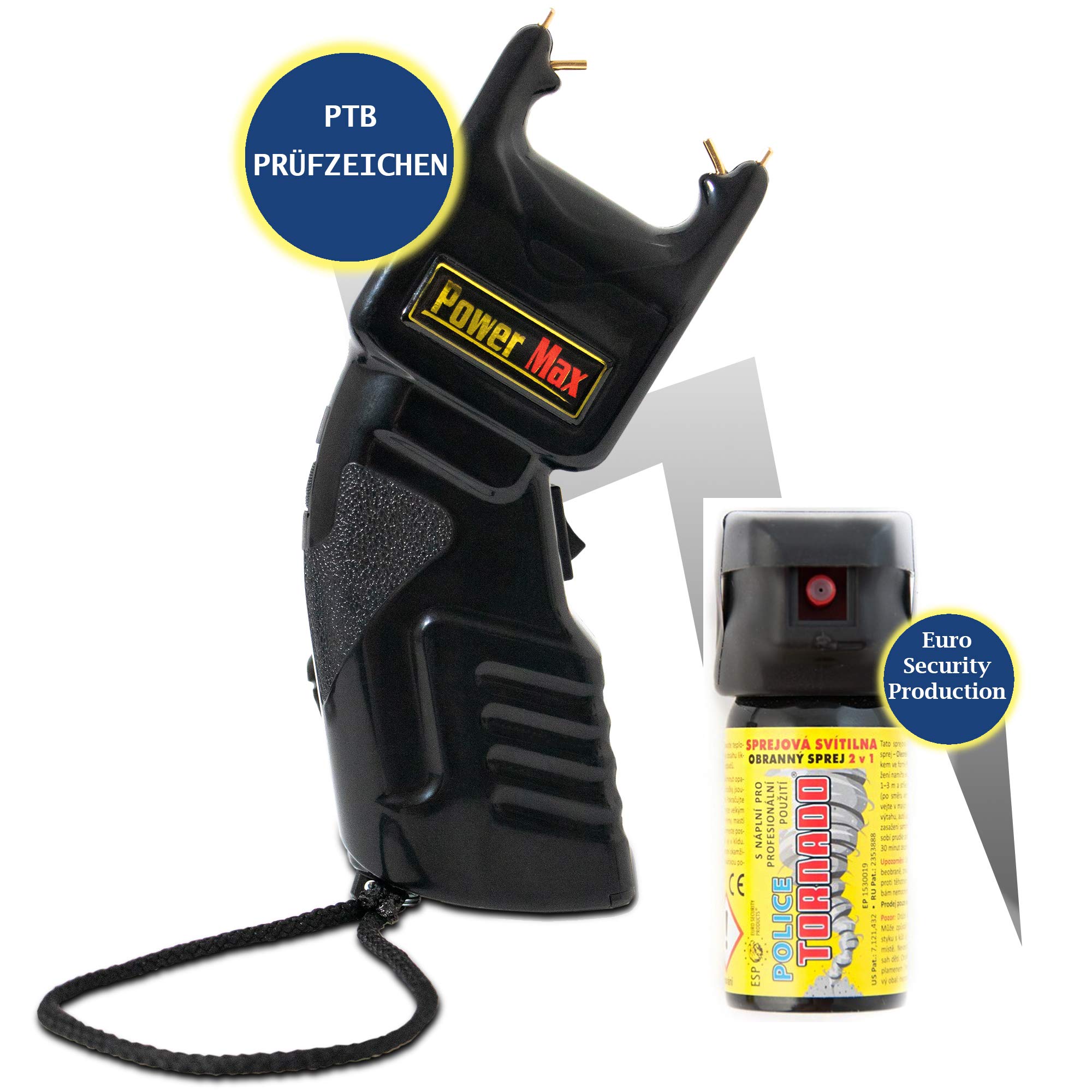 SHD - Power Abwehrset Elektroschocker 500.000 Volt mit PTB Zulassung - im Set mit Profi Pfefferspray Tierabwehrspray 40ml mit Licht - Selbstverteidigung frei verkäuflich ab 18 Jahren