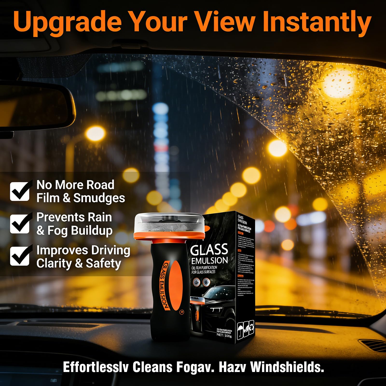 Glass Emulsion Cleaner & Glass Oil Film Remover for Cars – Roll-On Glass Guard with Brush, Removes Oil, Grease & Fog, Anti-Fog Windshield Cleaner for Clear Driving Visibility (Orange) - 2
