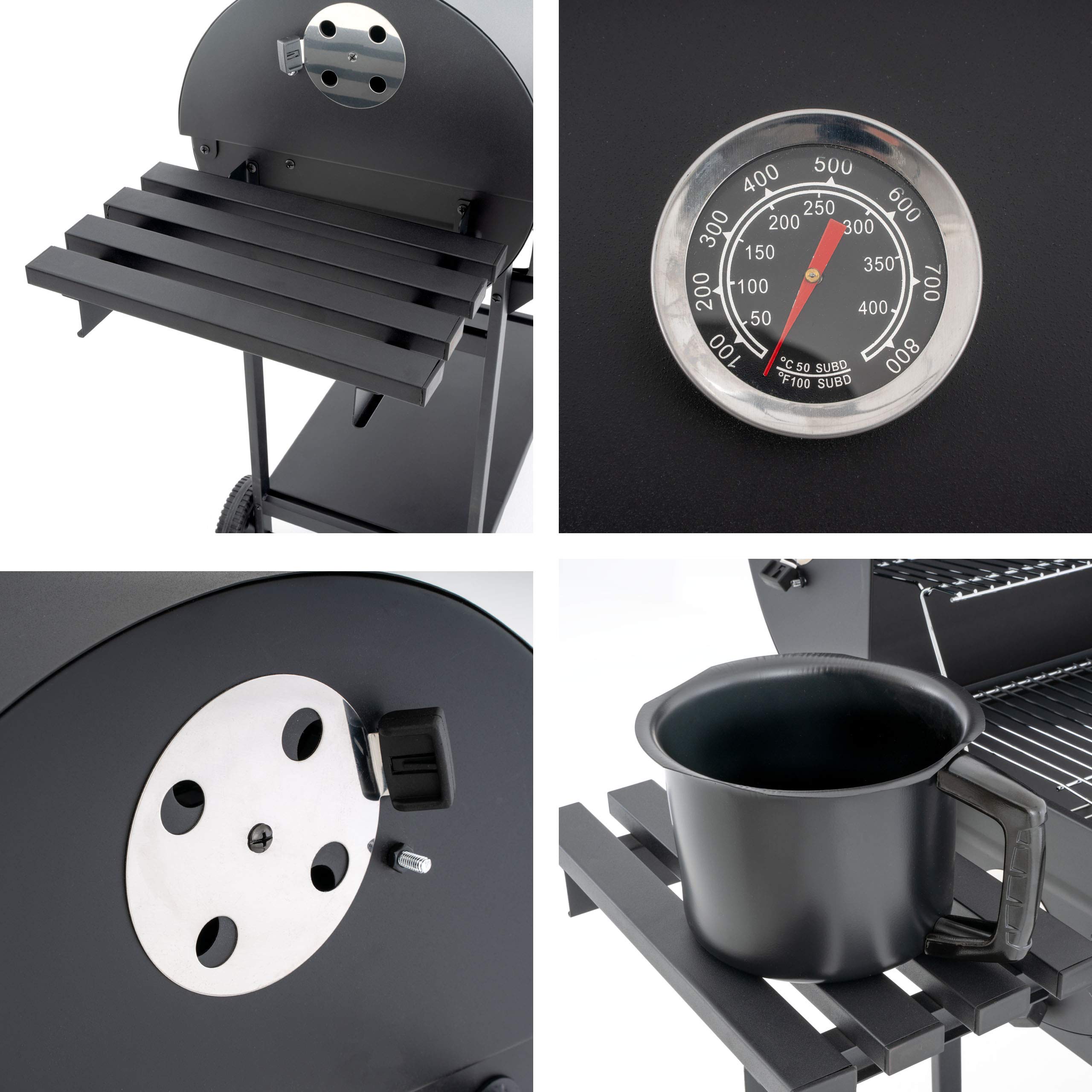 Nexos Trading Grillwagen Holzkohlegrill Gartengrill BBQ Smoker 4-beinig 62cm Grillfläche Klapp-Deckel mit Thermometer massiv Stahlblech klappbare Ablageflächen Thermometer