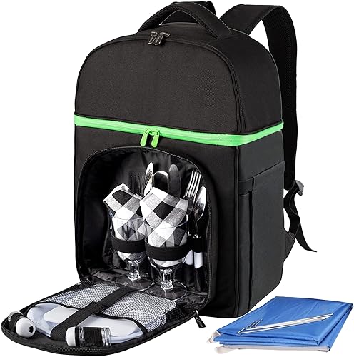 Mochila térmica 2 en 1 aislada, impermeable, ligera, con juego de cubiertos de picnic, manta, mochila negra para el almuerzo
