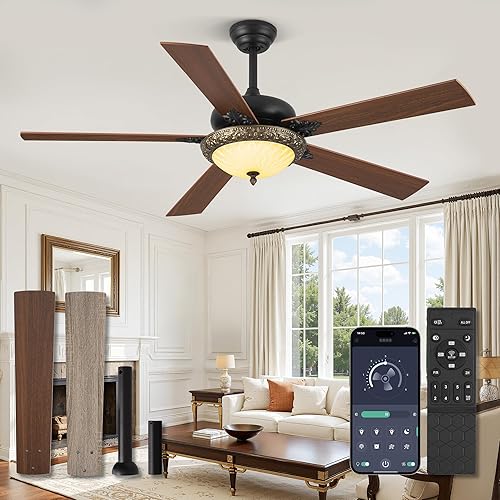 56" Ceiling Fans with Lights, Rustic Ceiling Fan with Dimmable LED Light, Remote/APP Control,5 Dual Finish Blades,6-Speeds Traditional Ceiling Fan for Bedroom, Living Room,Indoor & Outdoor