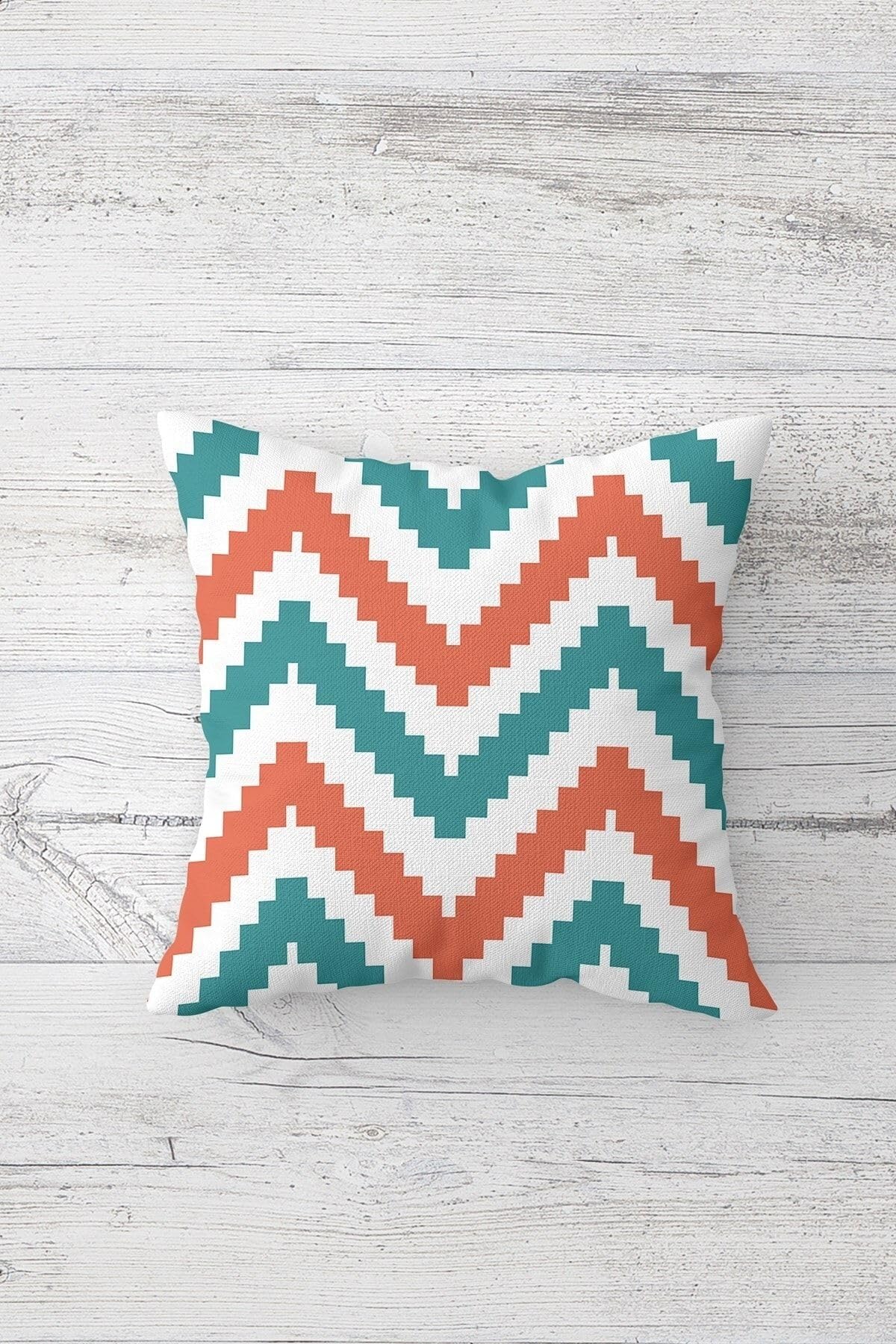 Pelangi Renkli Zigzag Desenli Çift Tarafı Baskılı Gizli Fermuarlı Yastık Kılıfı Kırlent Koltuk Yastık Kılıfı, mavi-nar çiçeği 45 x 45