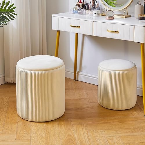 Miniatura 2 de IBUYKE Otomana redonda con almacenamiento, juego de 2, mesa de centro otomana de bouclé para sala de estar, taburete de tocador de terciopelo,