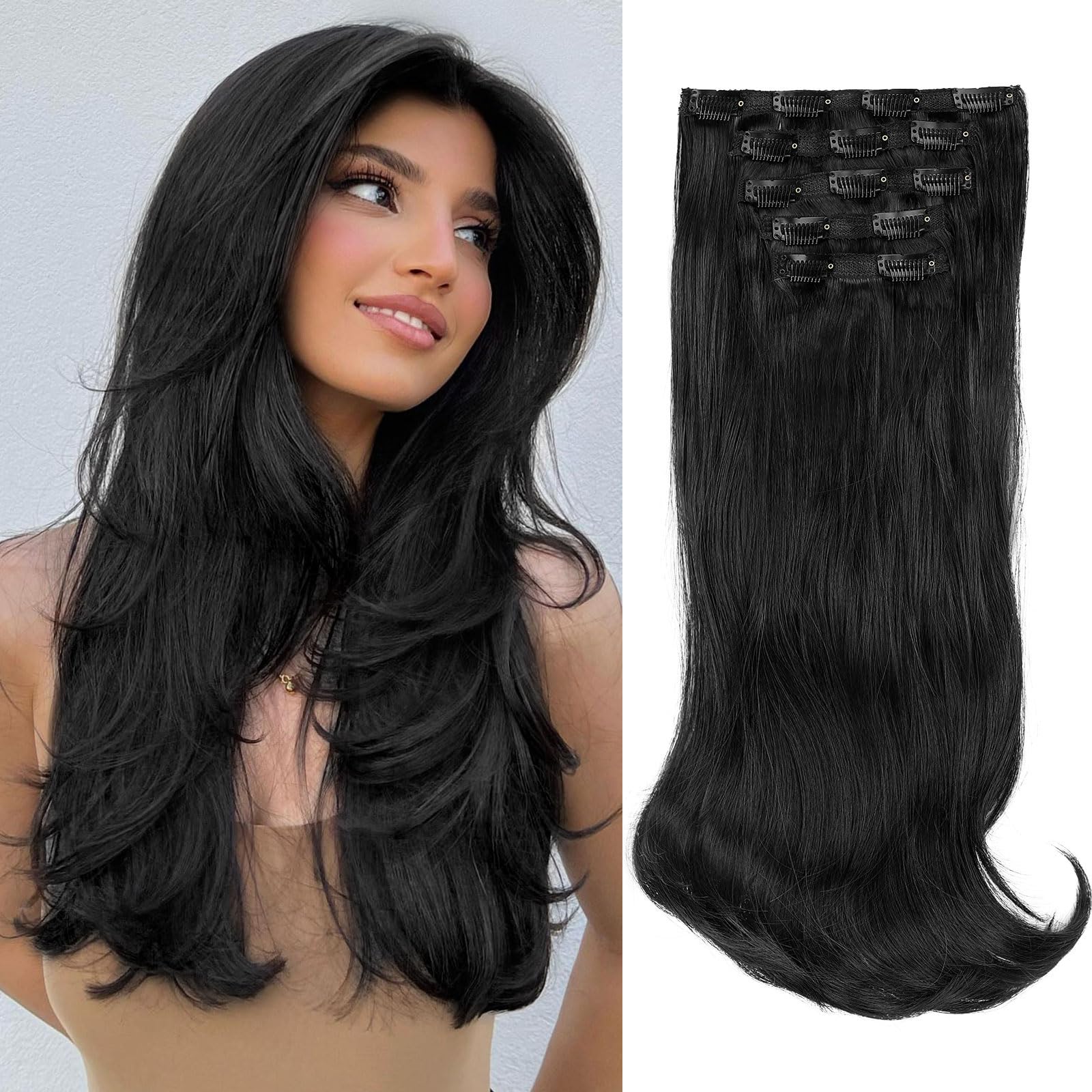 Lommel Hair Extensions, Black Hair Extensions for Women Long Stright Layered Hair Extension 20 Inch Synthetic Thick Invisible Lace Weft Hair Extension for Women(Black)