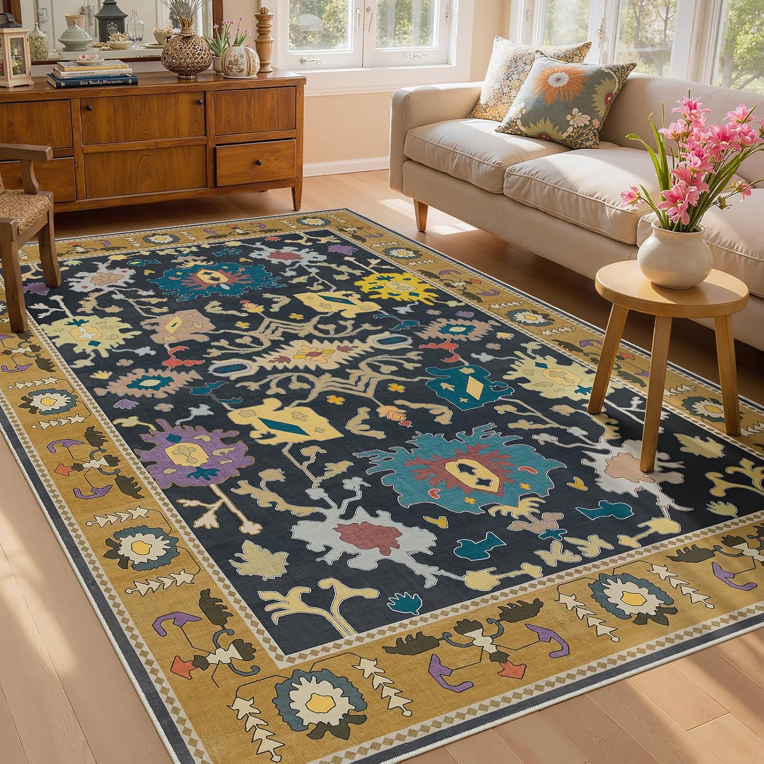 Joydeco Oushak 5x7 Washable Rug for Bedroom, Vintage Living Room Area Rug Non Slip, Boho Floral Ultra-Thin Soft Indoor Floor Throw Carpet for Dining Table Home Office, Black/Multi
