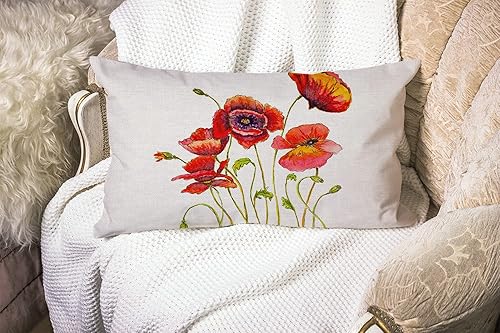 Miniatura 2 de Smooffly Funda de almohada de amapolas en acuarela, amapola, flor floral, tallo natural, naranja, rojo, verde, decoración de funda de cojín para