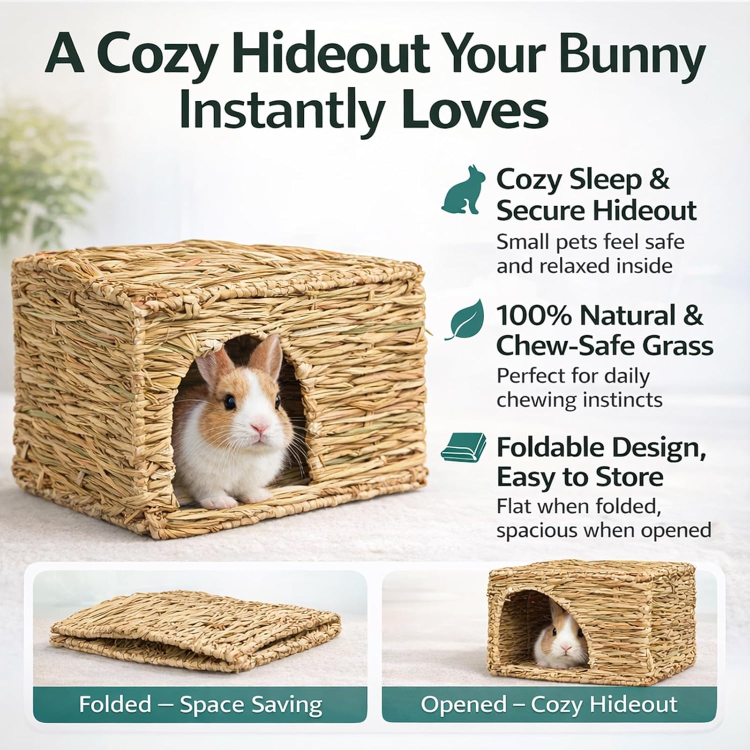 HERCOCCI Extra Large Grass House for Rabbit, Foldable & Comfortable - Small Animal Hut Play Hideaway Bed Hay Mat Chew Toy for Bunny Guinea Pig Hamster Chinchilla (2 Pack)