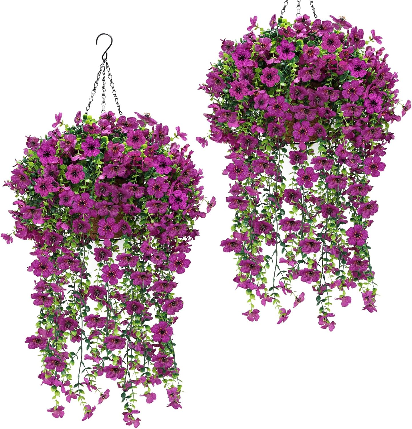 Geegoods 2 Set Artificial Hanging Flowers Plants for Outdoor, Faux Hanging Violet Flowers Baskets with Eucalyptus Vines UV Resistant Realistic Fake Plants for Outside Porch Garden Yard Home Decor