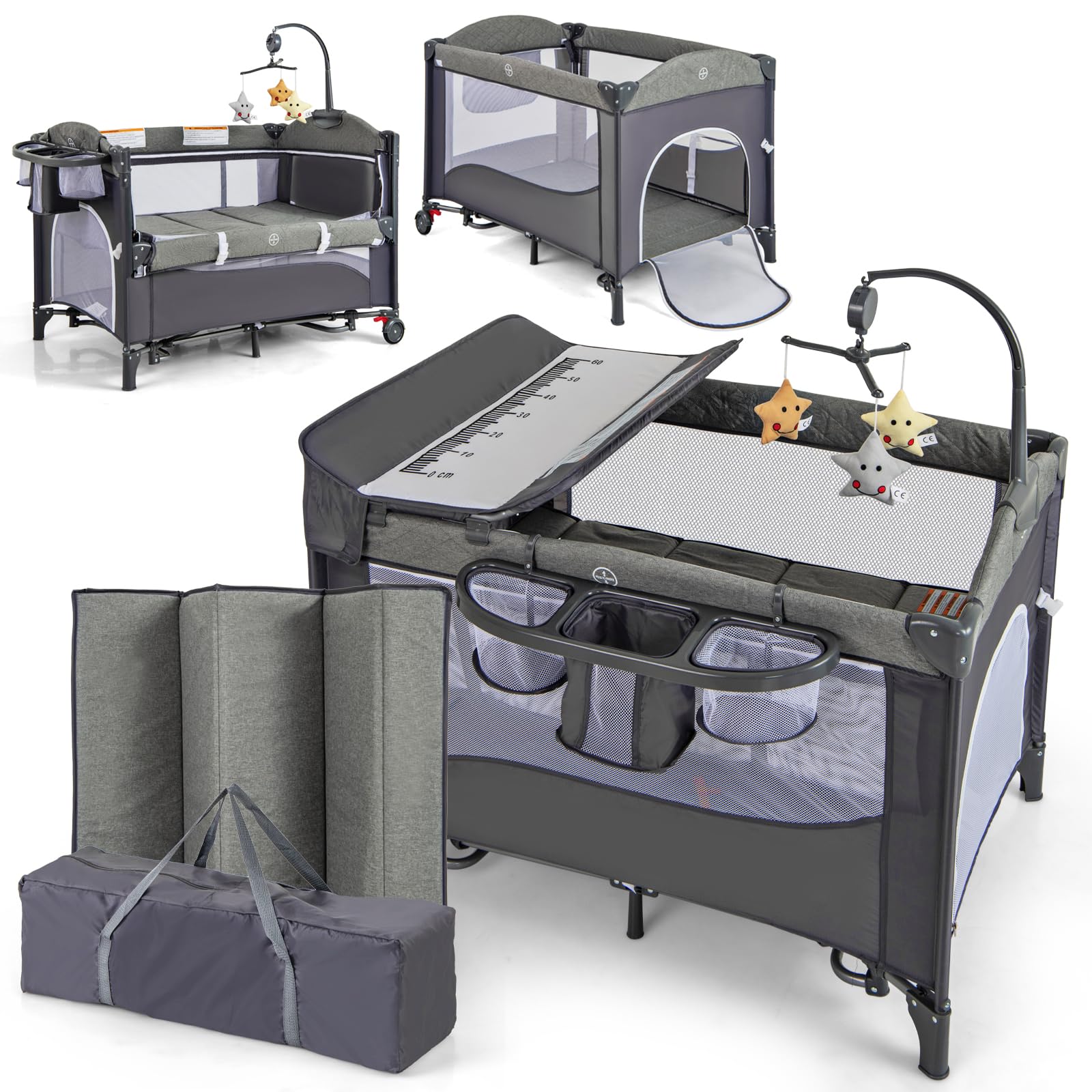 COSTWAY 5 in 1 Lettino Neonato con Materasso, Lettino Campeggio Bambini con Fasciatoio, Portatile e Pieghevole, Altezza Regolabile in 4 Livelli, per Bambini 0-36 Mesi (Grigio+Grigio Scuro)