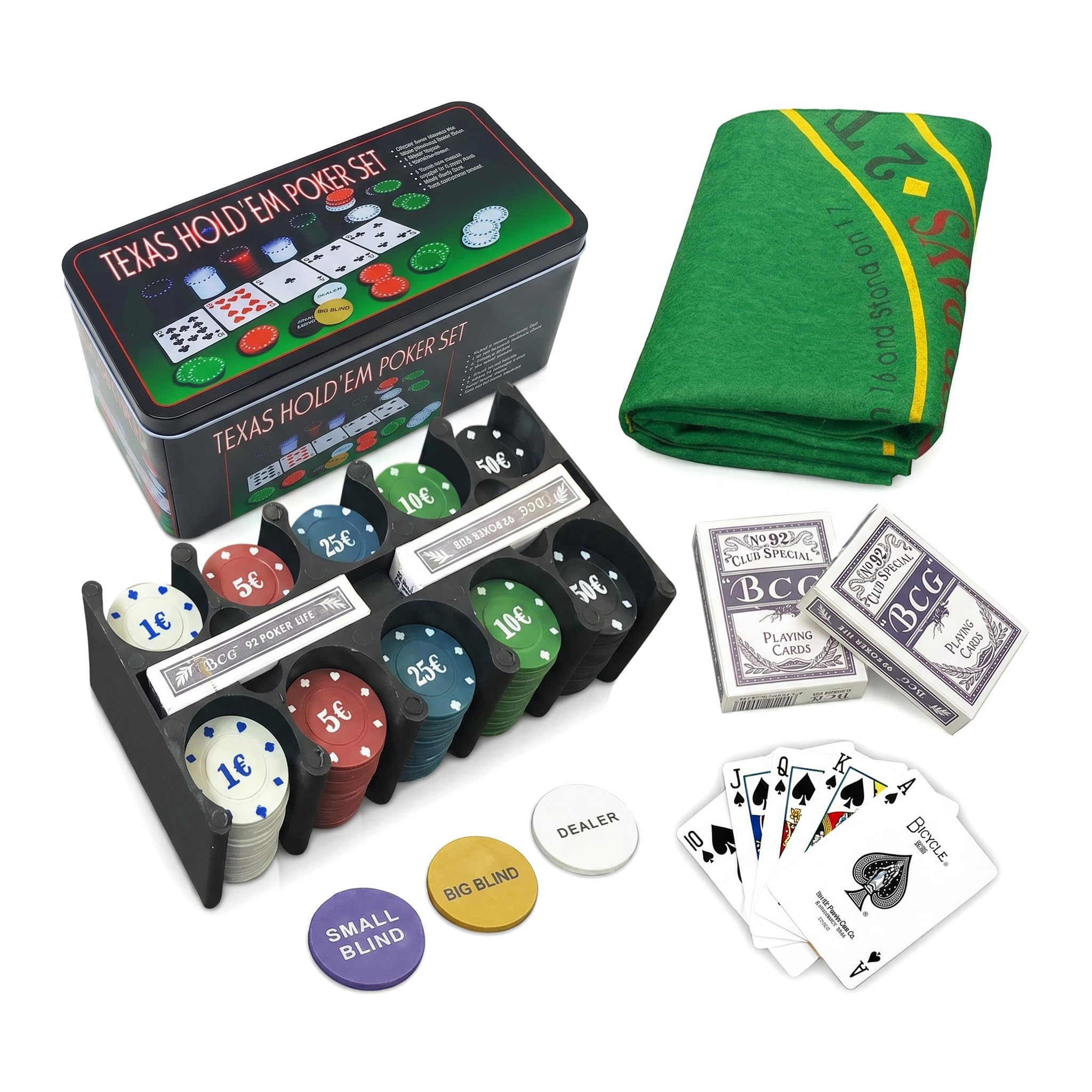 various Set de poker avec 200 jetons et boîte métallique, jeu de poker Texas Holdem avec 2 Decks et bouton Dealer, Kit Poker pour Blackjack, casino et soirées de jeu en famille