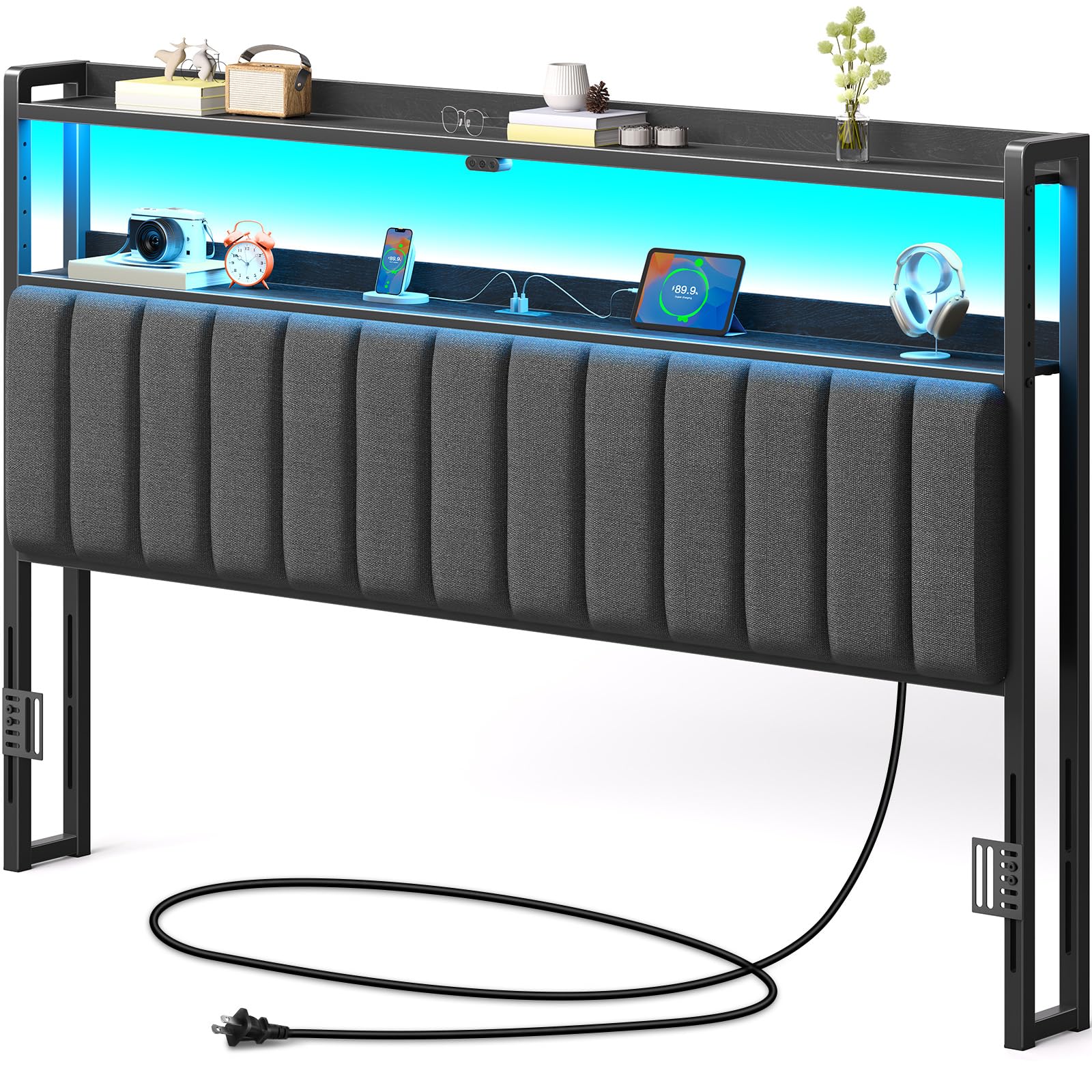 Rolanstar Headboard for King Size Bed with Storage, 60,000 DIY Color of LED Light, Head Board with USB & Type C Port, Height Adjustable, Black