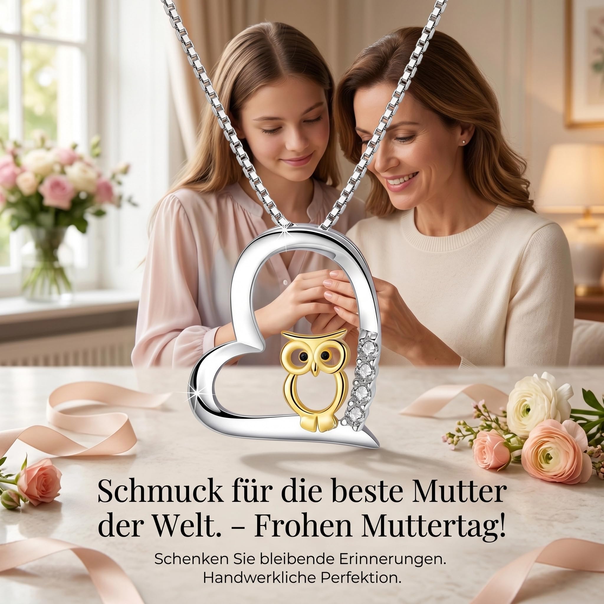 REDSUN 925 Sterling Silber Herz Eule Kette Damen 18K Vergoldet Two Tone Eulen Gold/Roségold/Schwarz Anhänger Schmuck Set für Freundin Frau Mutter Mädchen Tochter Geburtstag