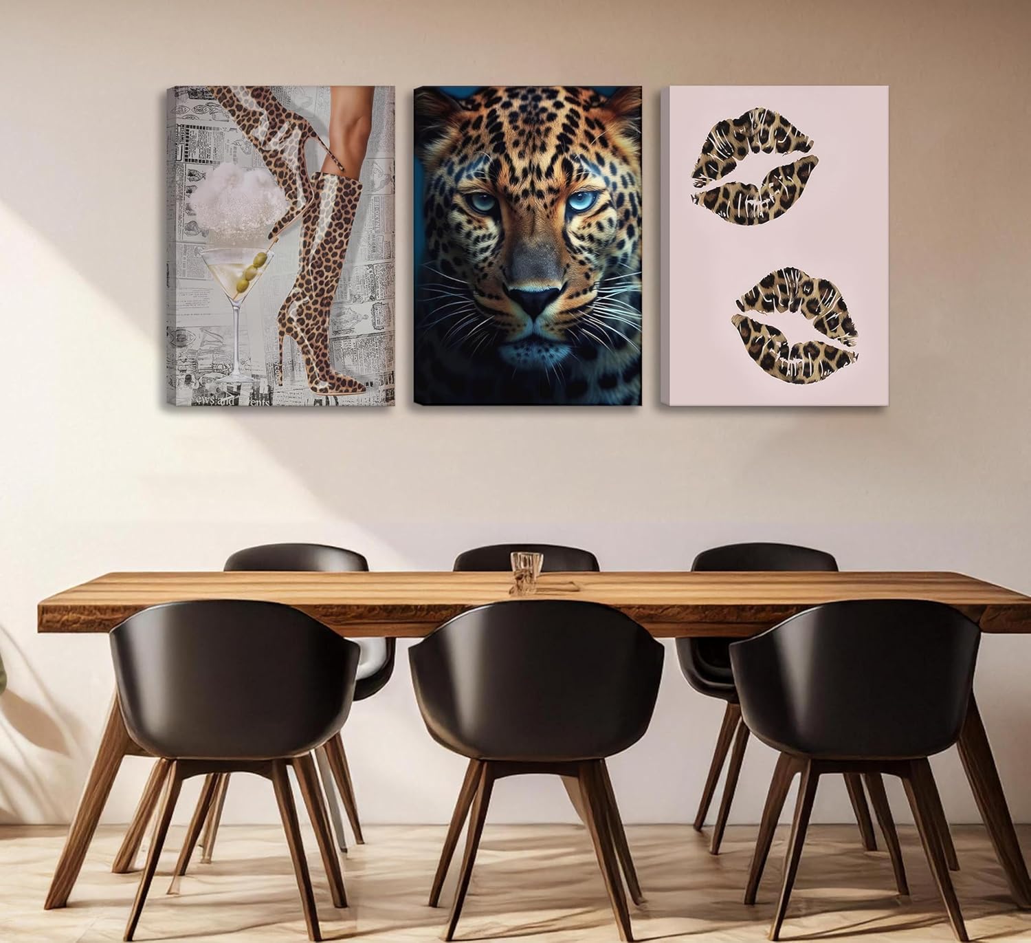 MUJ 3pcs Trendy Leopard Canvas Wall Art Preppy Funky Leopard Boots Pictures Wall Decor Vintage Feminism Aesthetic Cheetah Posters art Prints for Living Room Bedroom Dorm Home Decoration