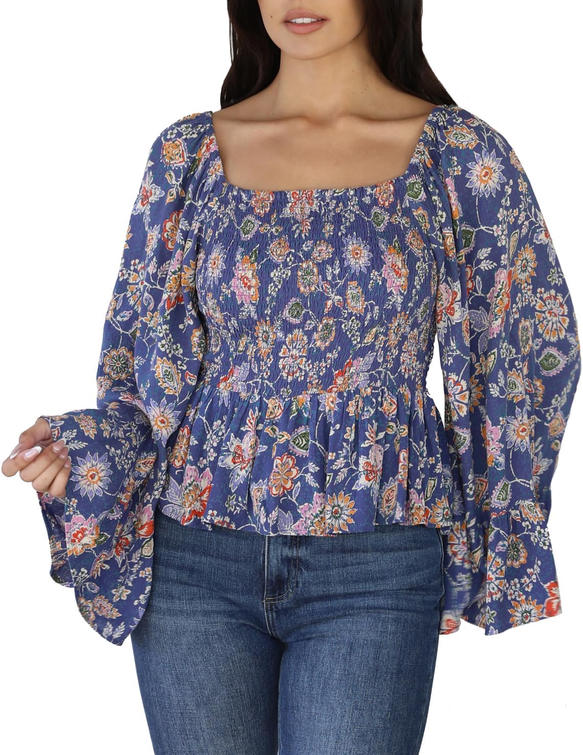 Angie Women's Smocked Bodice Wide Sleeve Top