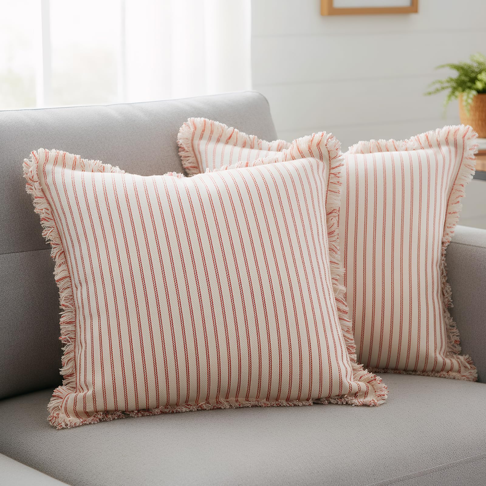Eclove 2Pcs Decorative Throw Pillow Covers, Stripe Square Boho Farmhouse Pillow Case for Décor with Tassels, Modern Cushion Pillowcase for Sofa Bed Living Room Home Decor, 18x18 Inch (Pink)