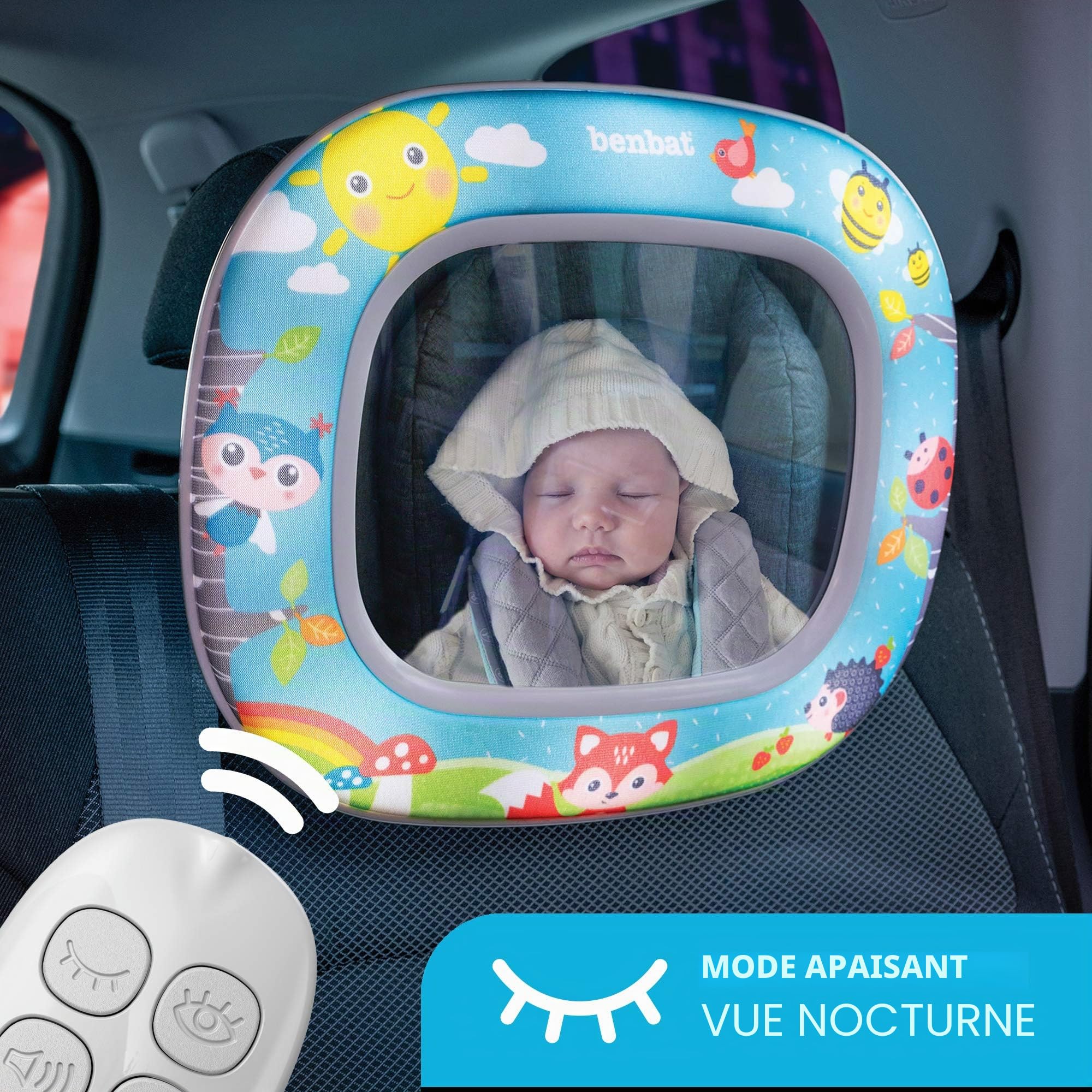 Benbat Miroir de voiture pour bébé – Miroir de sécurité pour siège auto pour bébé face à l'arrière – Incassable, clair, large vision de jour et de nuit – Divertissez voir et tétine avec télécommande