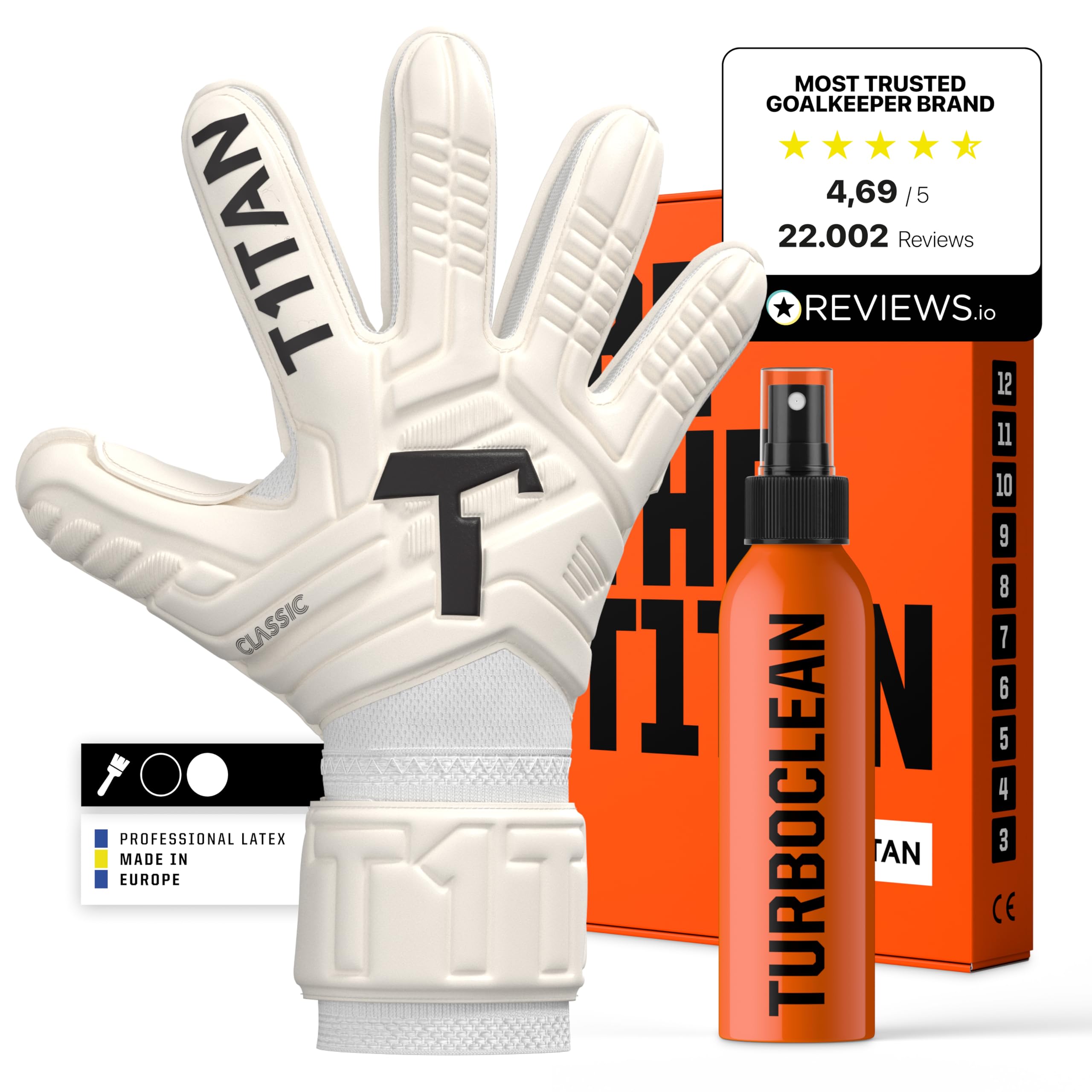 T1TAN Classic 1.0 White-Out + Turboclean - Goalkeeper gloves and glove cleaner - without finger protection - Football gloves for goalkeepers - Size 3 — image 1