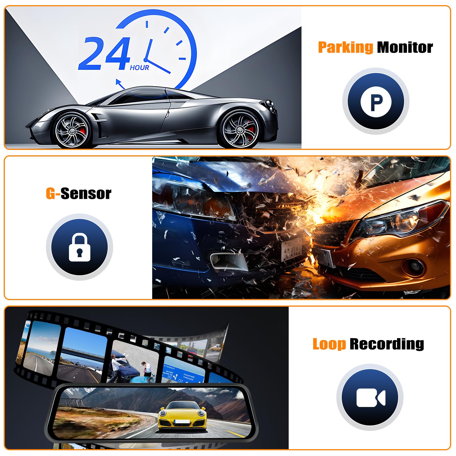 CAMECHO Retrovisor 9.66 Pulgadas 4K Mirror Dash CAM Coche con 1080P Cámara Trasero, Delantera 150° y Trasera Dashcam 120° con ADAS y BSD Línea Inversa, Visión Nocturna, Sensor G, WiFi