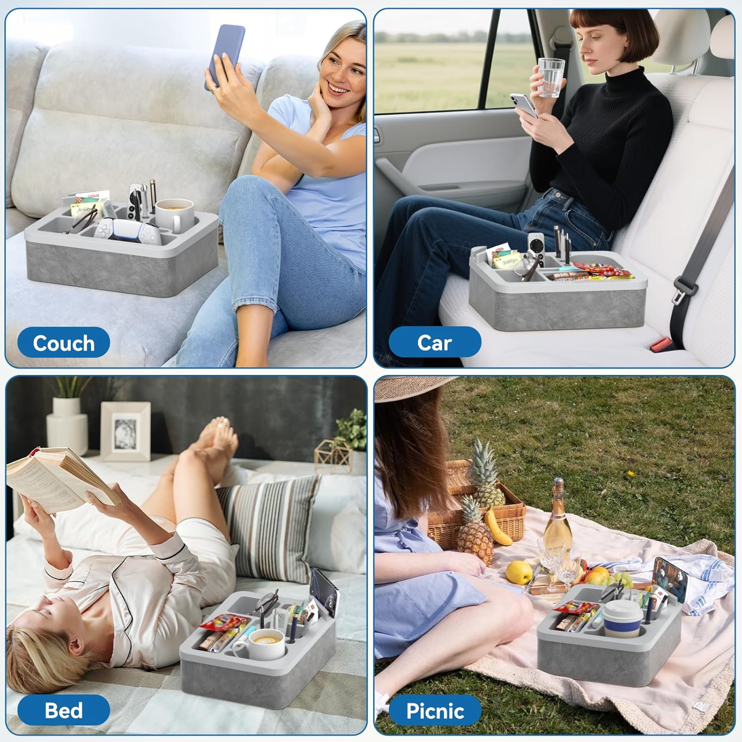 Couch Cup Holder Tray Silicone Couch Cup Holder Pillow Foam Bed Tray Snack Sofa Bed Caddy Organizer Beach Sofa Drink Holder Spill Proof Snack Caddy Removable Sofa Buddy Game Controller Kindle Phone - Image 4