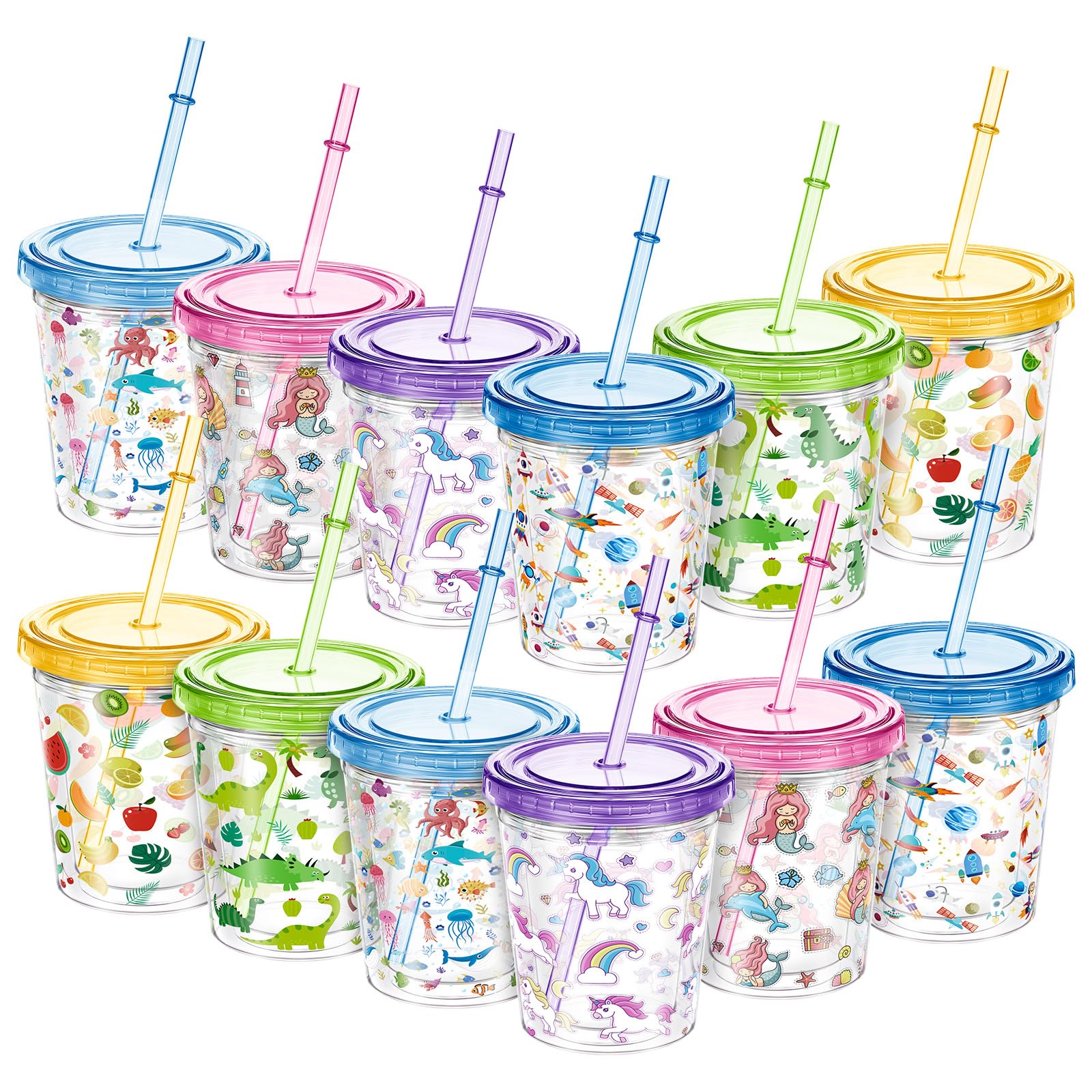 Brightly colored straw cups with animal stickers for toddlers