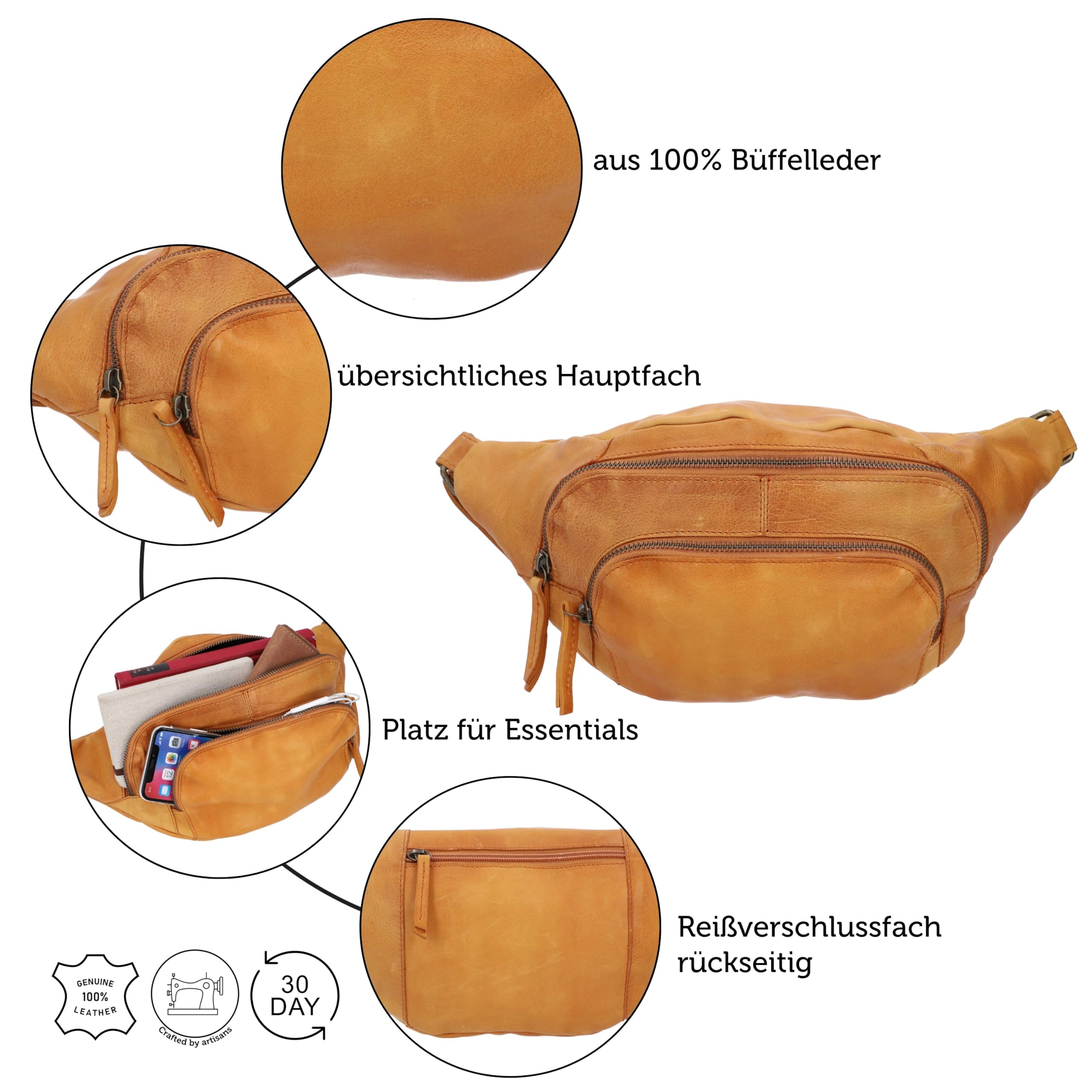 Gusti Gürteltasche Leder Sverre – Vintage Bauchtasche Leder für Damen & Herren – Praktische Hüfttasche mit 3 Fächern & Zippern