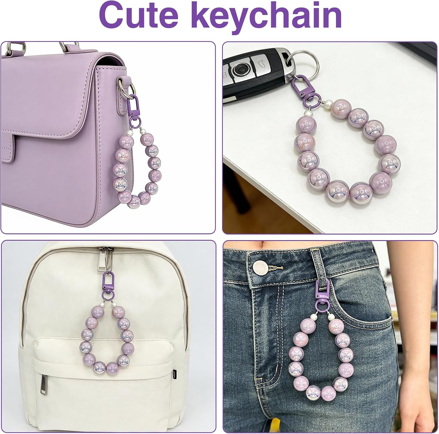 Purple Beaded Keychain - Crystal Stretch Bracelet Keyring, Stress Relief Fidget Beads for Adults, Yoga & Boho Bag Charm, Aesthetic Gift for Women and Teens image 2