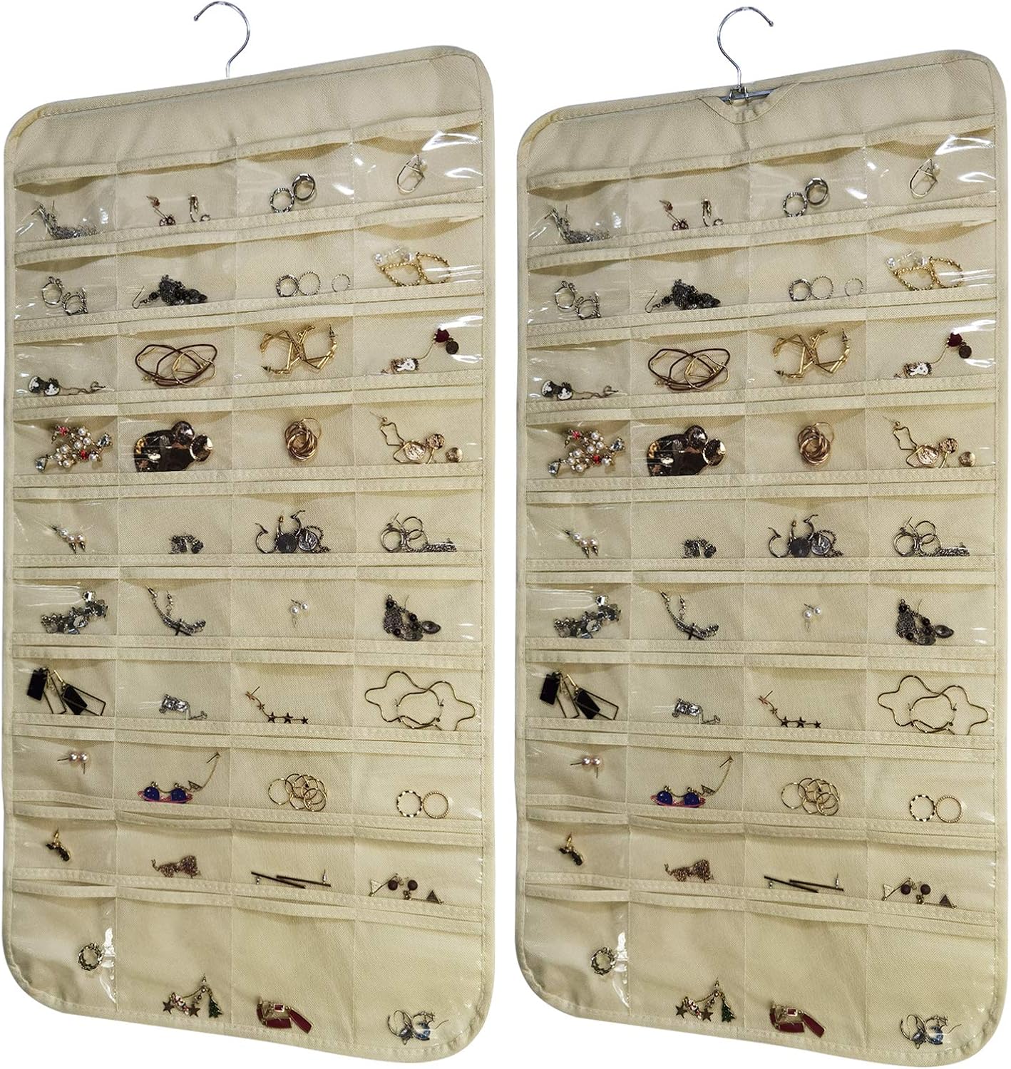 WIFTREY 2 Pack Hanging Jewelry Organizer with 160 Pockets, Double Sided Closet Earring Storage for Necklace Bracelet with Hanger, Beige