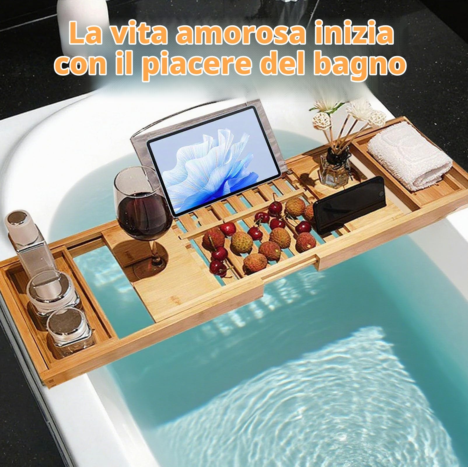 Vassoio Vasca da Bagno Bambù Estensibile con Supporto Libri, Vassoio Legno Portaoggetti Regolabile, Accessori Bagno Impermeabile Pieghevole Facile da Riporre per Nuova Casa, Regali Compleanno