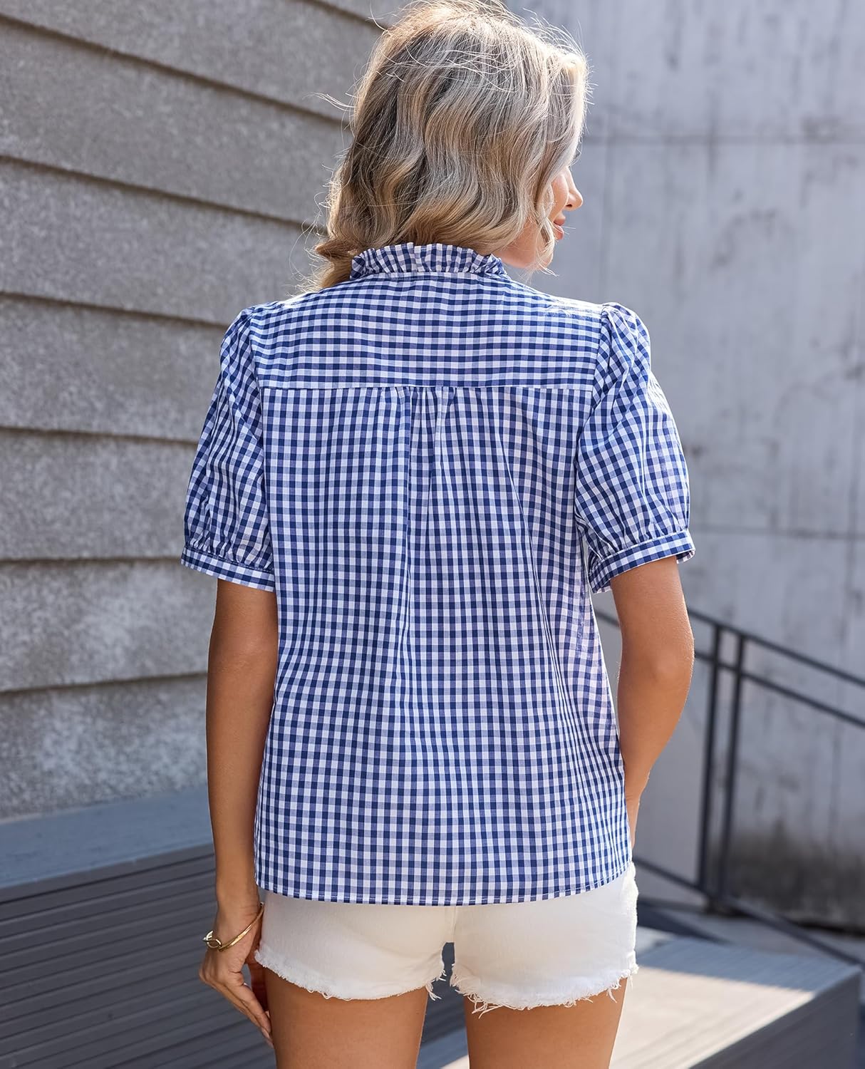 siliteelon Womens Plaid Shirts Gingham Top Short Sleeve Button Down Ruffle V Neck Dress Shirts Cotton Casual Work Blouse - Image 2