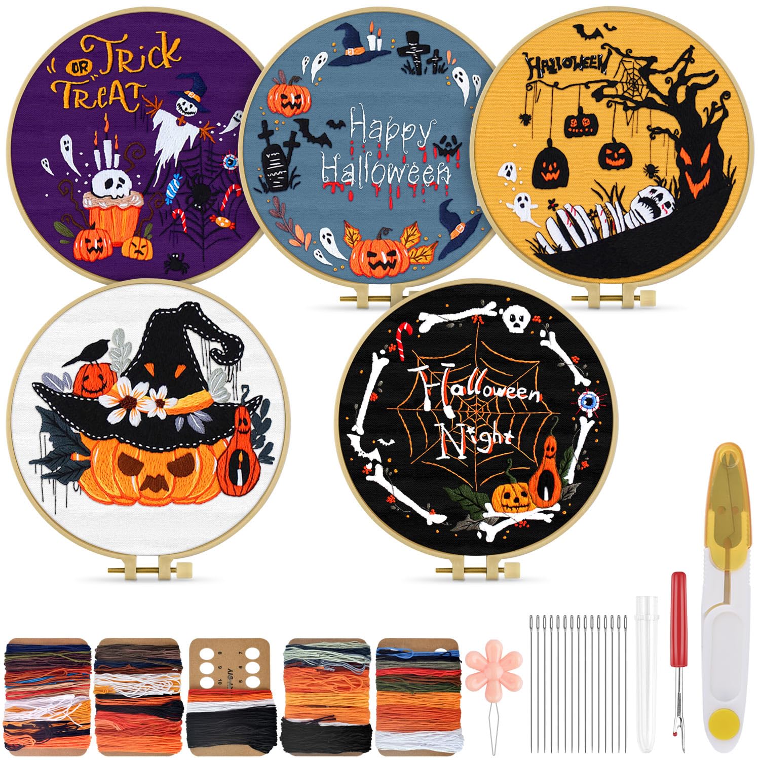 TINDTOP Halloween Embroidery Kit for Adult, 5 Pack Embroidery DIY Starter Kit, with Stamped Patterns, Hoop, Tools, Colorful Threads with Needles, Instructions