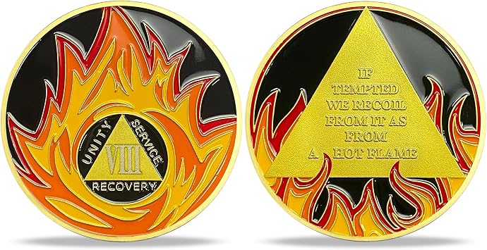 Flame Triangular 8 Year Sobriety Coin | Alcoholics Anonymous AA Coins Sobriety Gifts for Men & Women | Celebratory Unity Service AA Coin for Annual Sober Chip Anniversary | AA Chips and AA Medallions