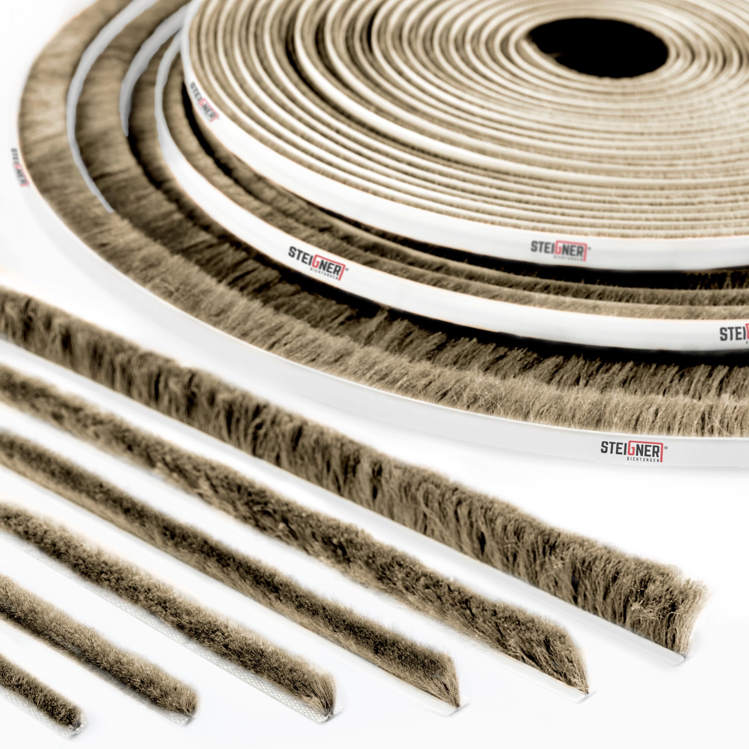 STEIGNER Burlete de cepillo autoadhesivo marrón 12 mm x 50 m - Burlete para ventanas, puertas y balconeras - Aislamiento acústico, protección contra el viento y el polvo
