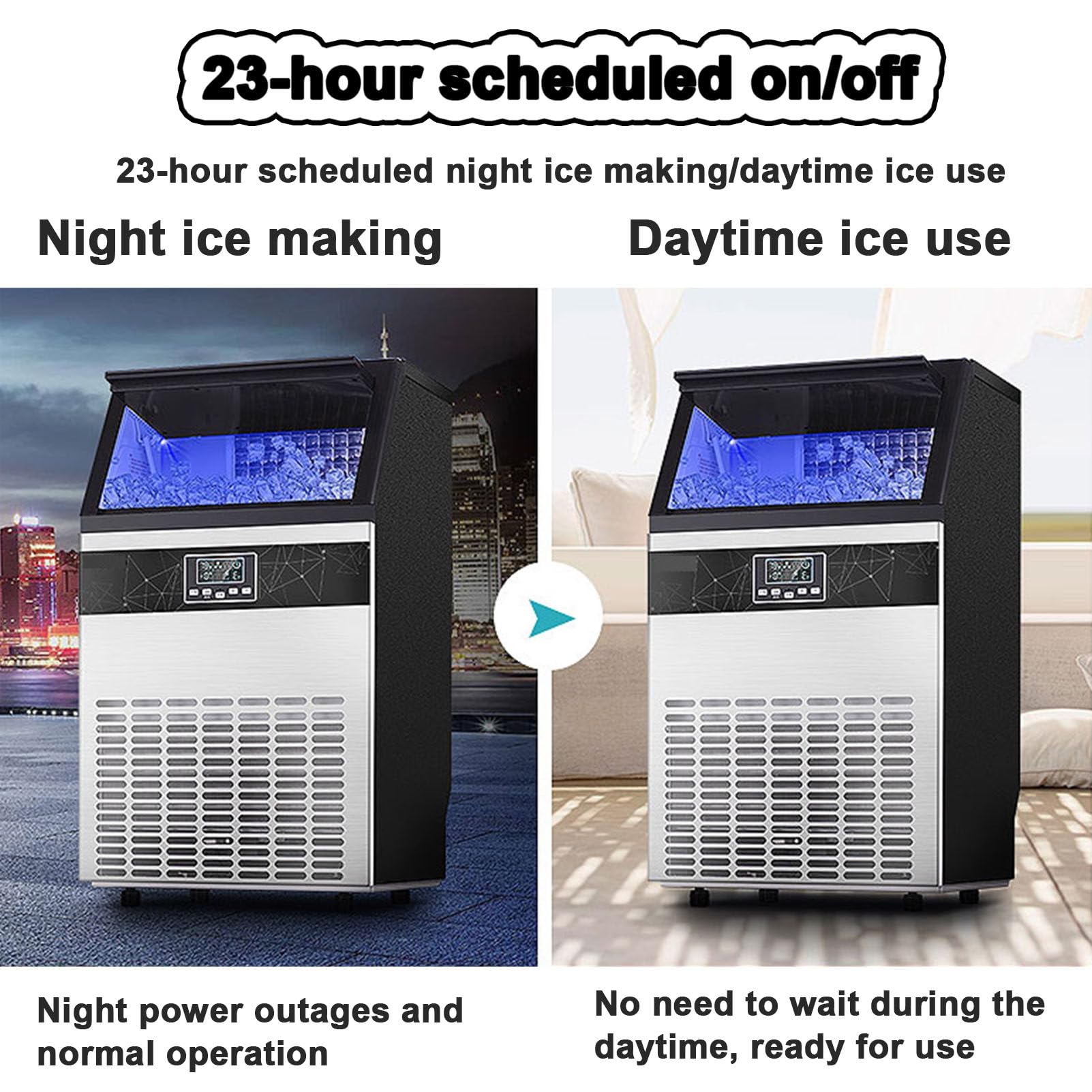 Máquina de hielo comercial, máquina para fabricar hielo industrial, máquina de cubitos de hielo de acero inoxidable independiente con capacidad de almacenamiento de hielo de 15 kg, para bares,55KG/24H
