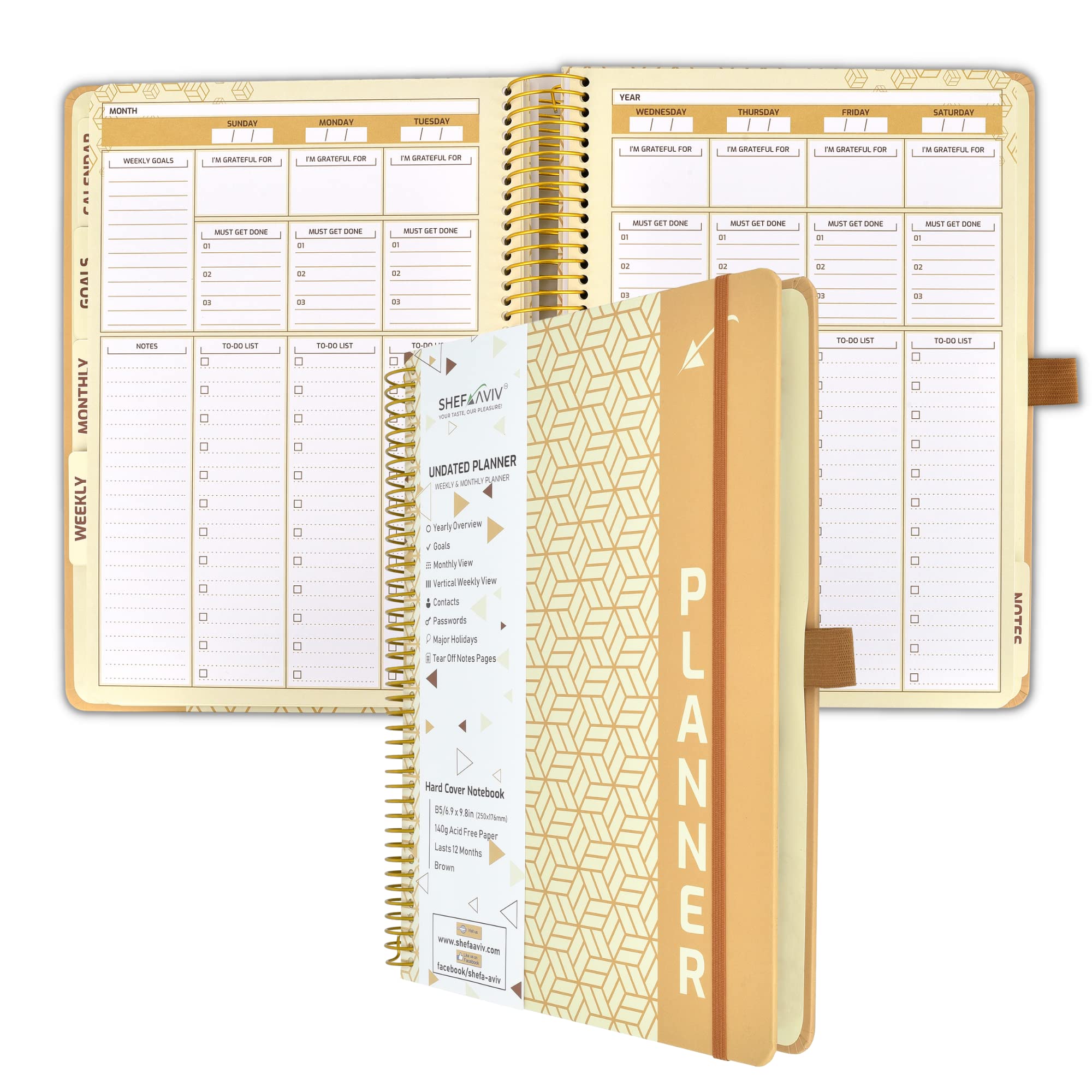 2024 Monthly and Weekly Planner - Undated Daily Goal Planner 6.9” x 9.8” B5 Size | Hardcover with To Do List, 2 Back Pockets, 140g Paper, Pen Loop & Spiral Binding