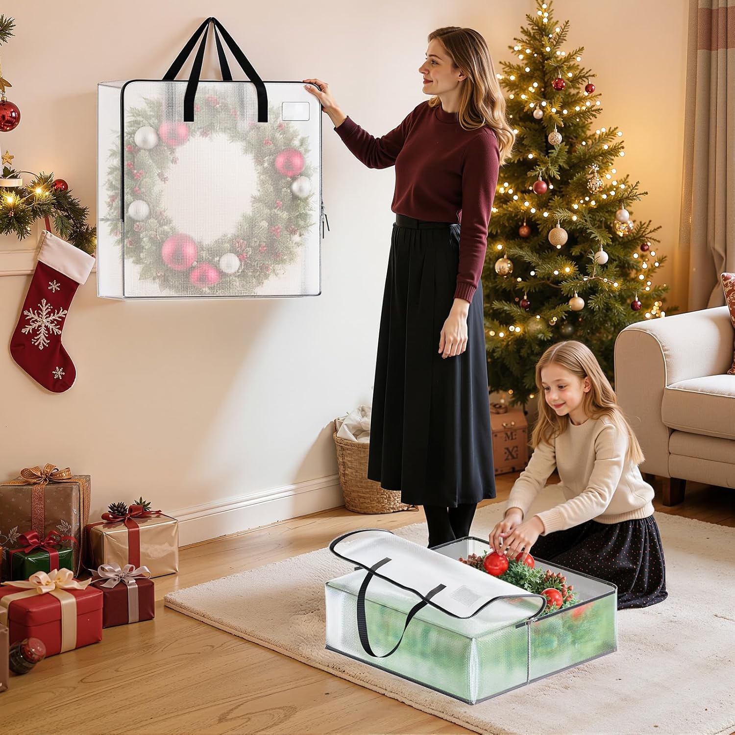 BlessedSeason Wreath Storage Container, 93L Large Clear Christmas Storage Bags for 24 to 30 Inch Artificial Garland, Holiday Decoration Organizer with Sturdy Zippers, Moving Bag for Home (5-Pack) - Image 6