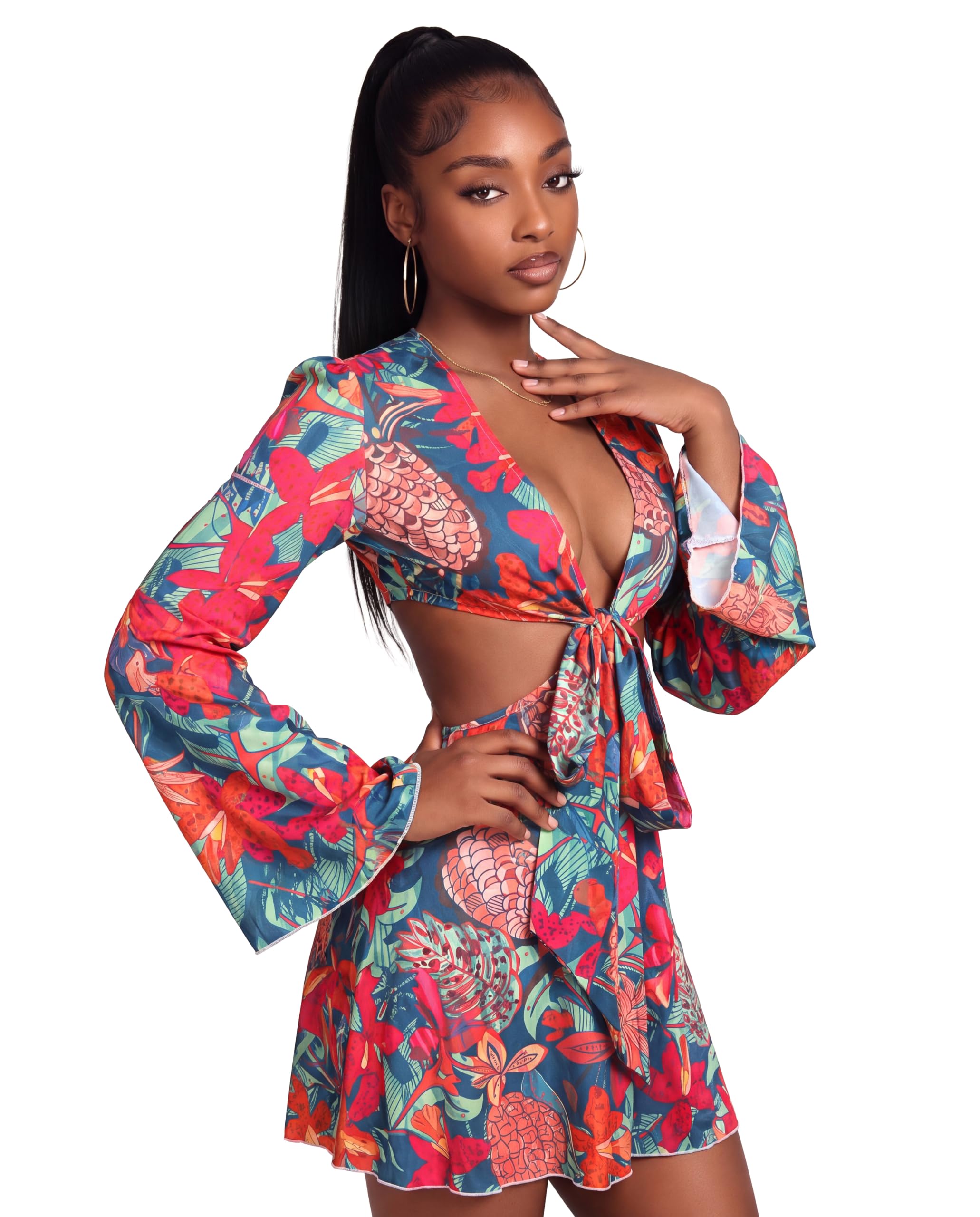 Women's Tropical Floral Mini Dress Cut Out Detail Boho Style Dress
