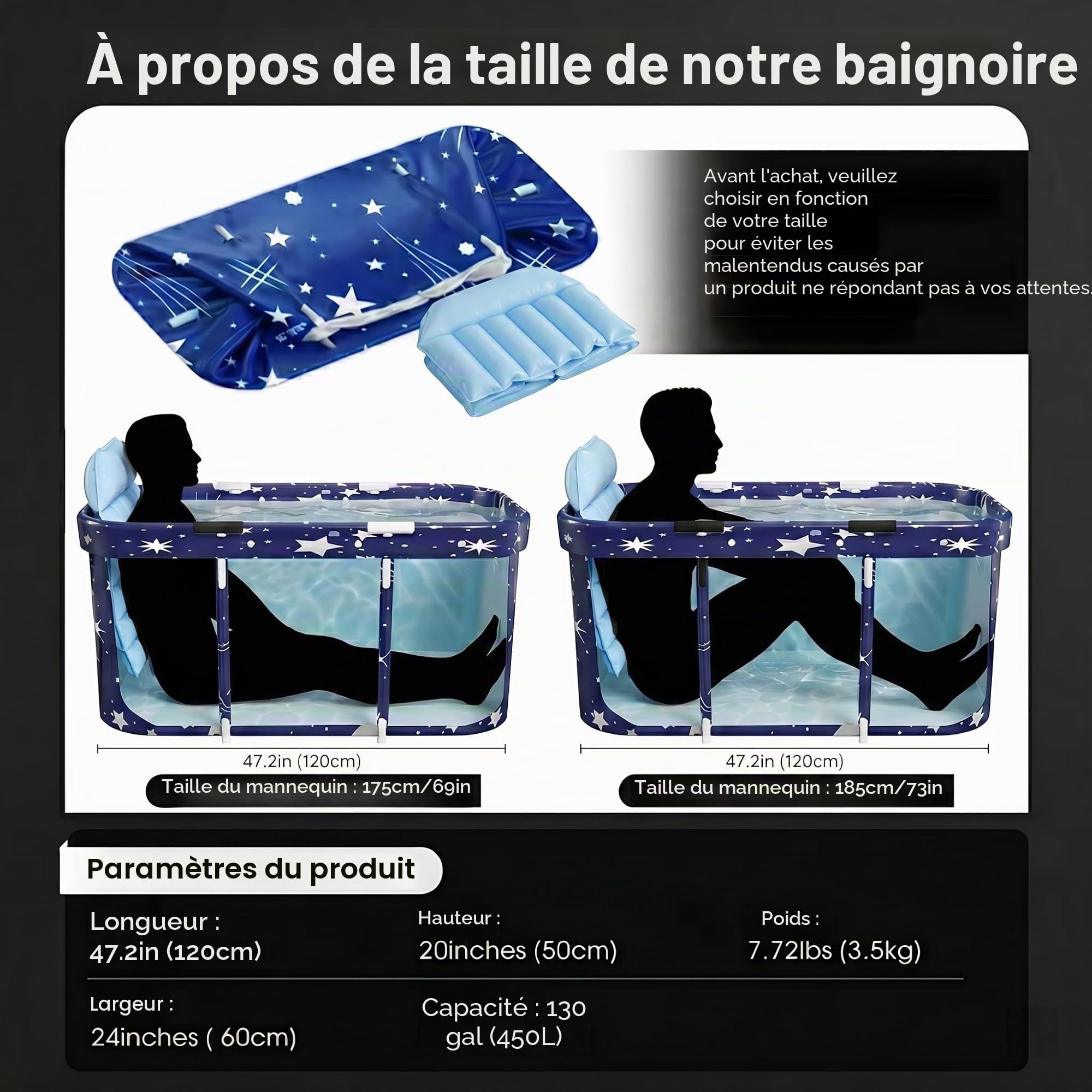 Baignoire Pliable Adulte, 120x55x50cm Portable Grande Baignoire de Trempage pour Bain Chaud, Bain Glacé, Spa, Seau de Bain Épais, pour Deux Personnes avec Dossier, Coussin et Pompe