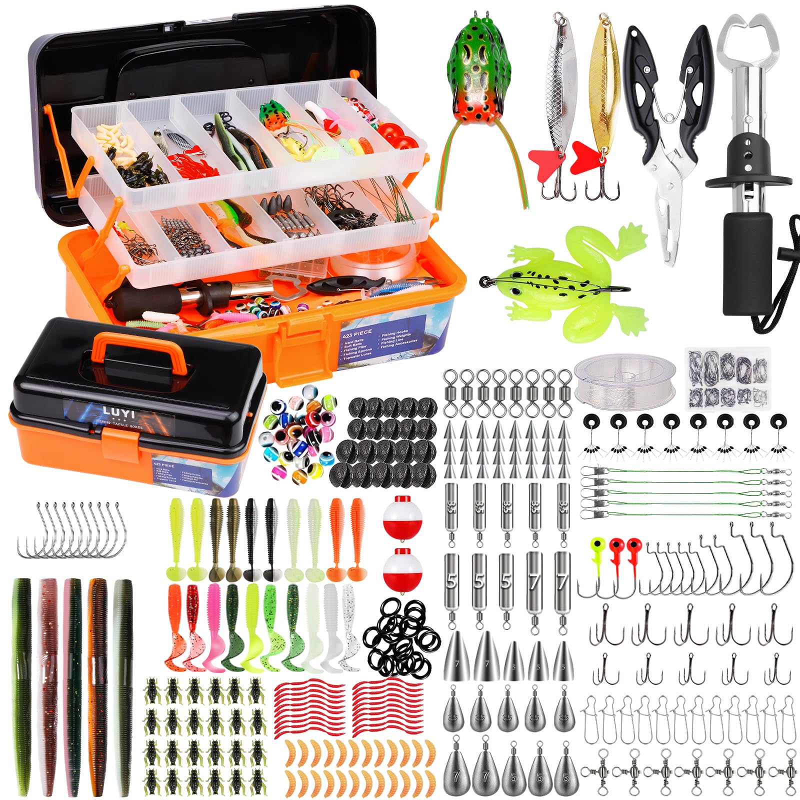 Large 3 Layers Tackle Box with Fishing Tackle Included, 423 Pcs Fishing Lures Kit Crankbaits Fishing Hooks Spoon Worm Tackle Fishing Bait Accessories for Bass Trout Freshwater Saltwater