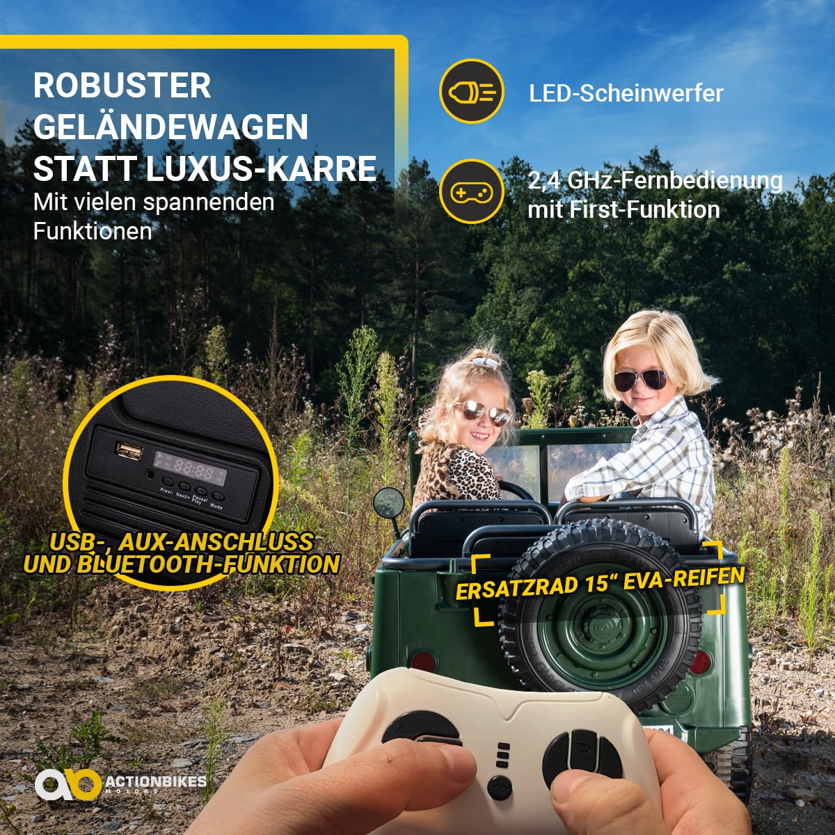 Actionbikes Motors Kinder Elektroauto Jeep Willys | Fernbedienung mit First Funktion - 4x4 Allrad Antrieb - Kinderauto elektrisch - Elektrofahrzeuge - Elektro Auto für Kinder ab 3 Jahre (Grün)