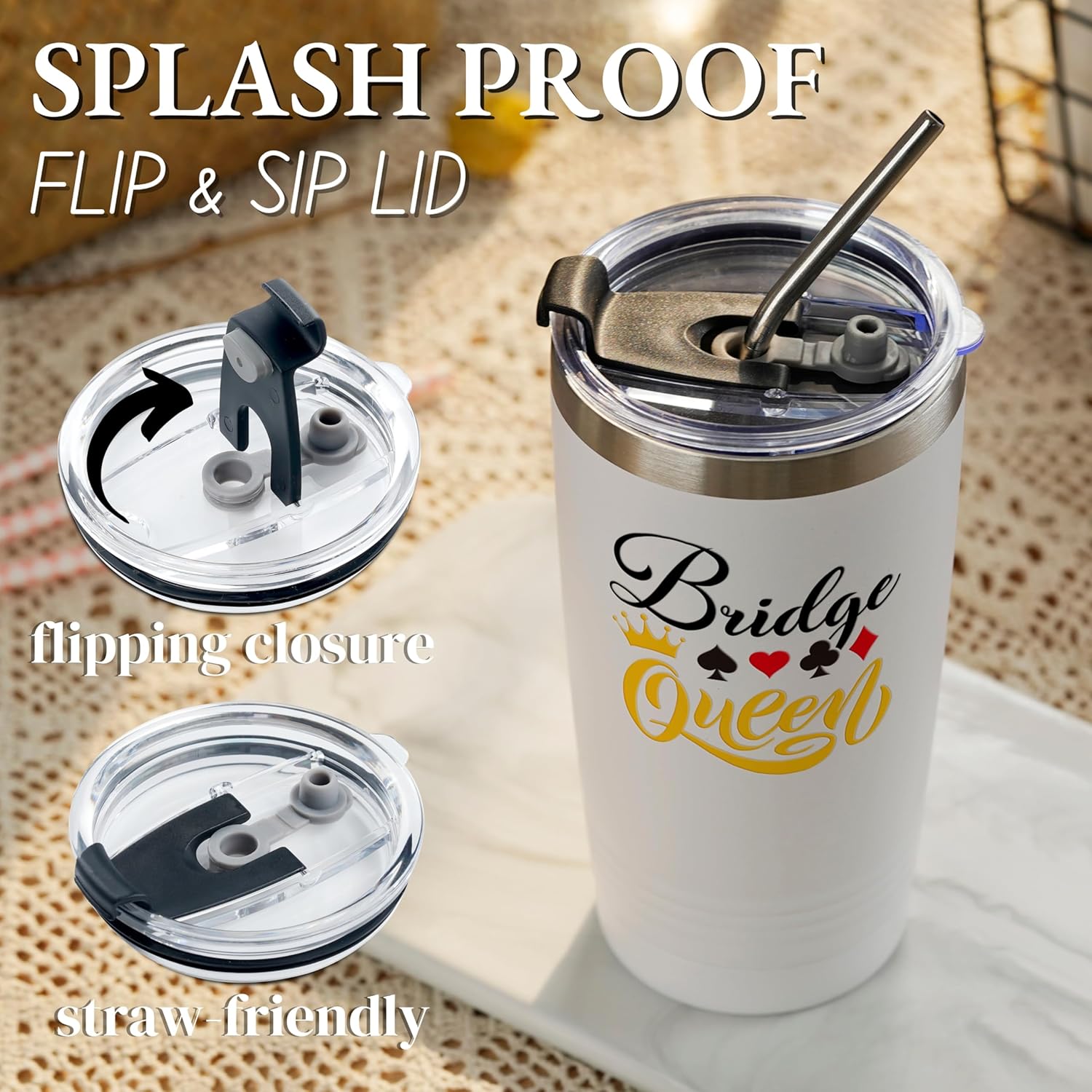 Onebttl Bridge Players Gifts for Women, 20oz/590ml Double Wall Vacuum Insulated Stainless Steel Tumblers Cups - Bridge Queen, White - Image 5