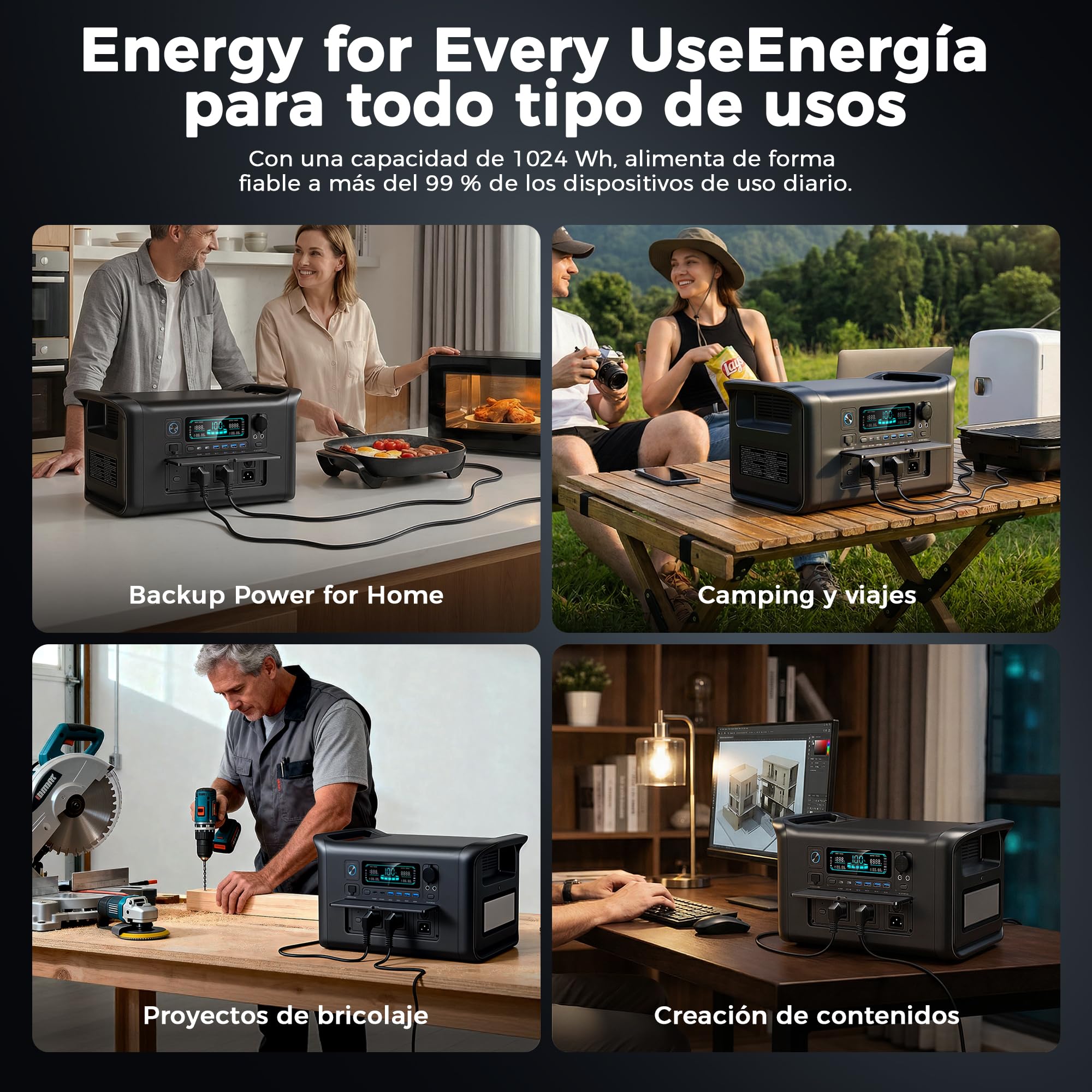 AP1000 Generador Solar Portatil 1800W Batería LiFePo4, Estación de energía portátil, Generador eléctrico para el hogar y camping, Batería LFP de 1024Wh para Camping Hogar Viajes Emergencias