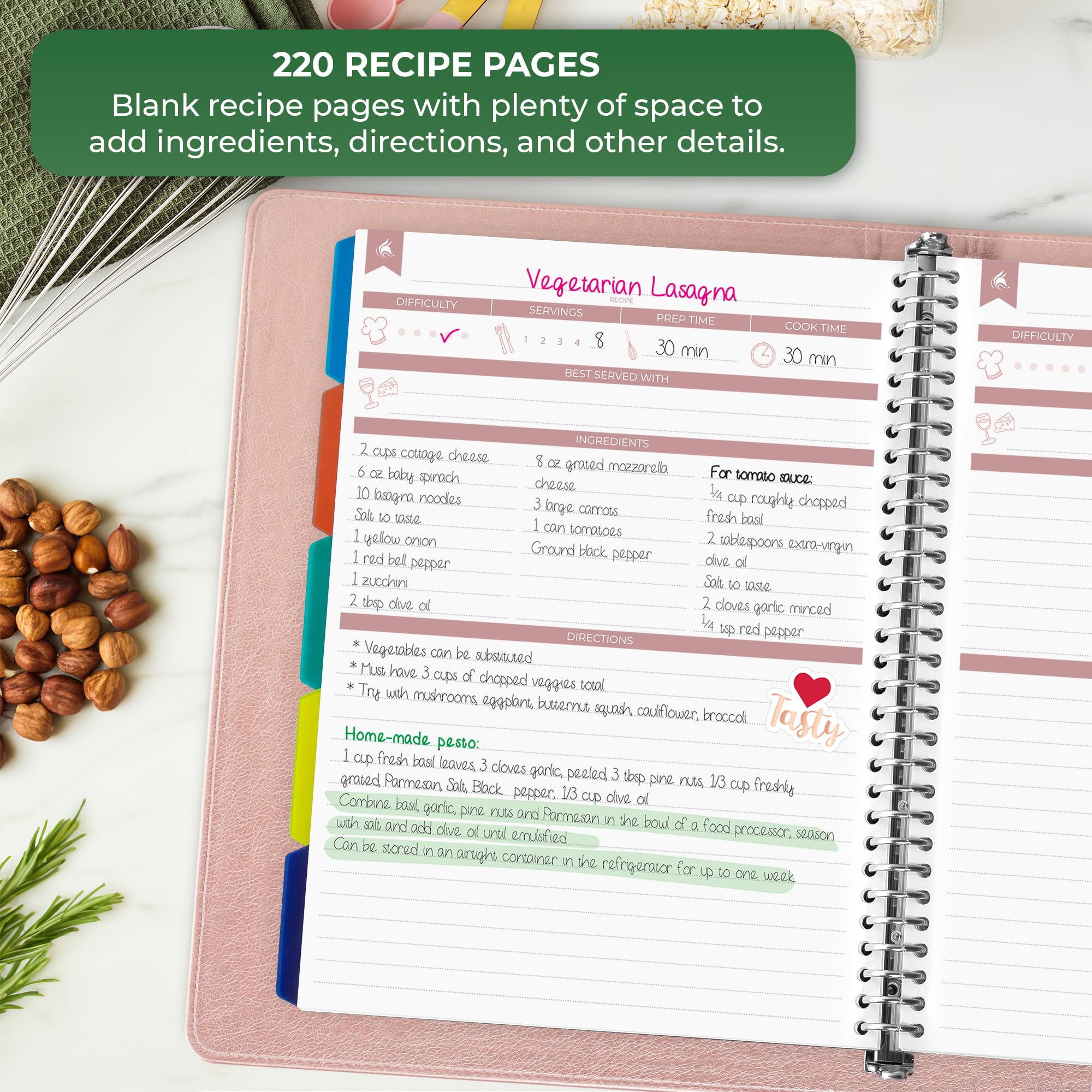 Clever Fox Carpeta de libro de recetas con pestañas, organizador de cuaderno de anillos con páginas en blanco para escribir en tus propias recetas, libro de cocina familiar personalizado, 220 recetas,