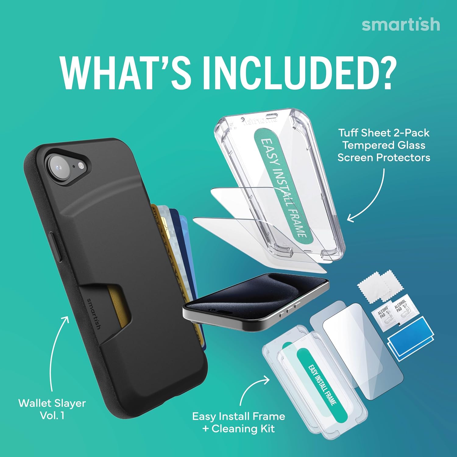 Smartish® iPhone 17e/16e Wallet Case + Screen Protector - [Slim + Protective] Phone Case Credit Card Holder + 2-Pack Tempered Glass Screen Protectors for Apple iPhone 17e/16e - Black Tie Affair