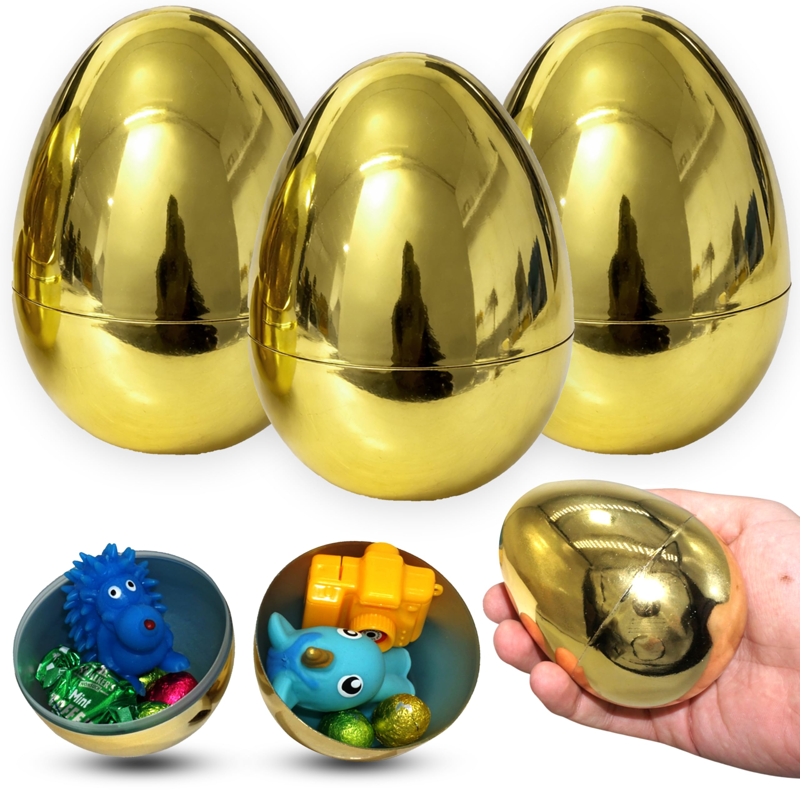 SRVertex 3Pk Fillable Plastic Jumbo Golden Easter Eggs, Empty Extra Large Easter Eggs Hinge Closure, Golden Easter Egg Tall - Size: 10cm