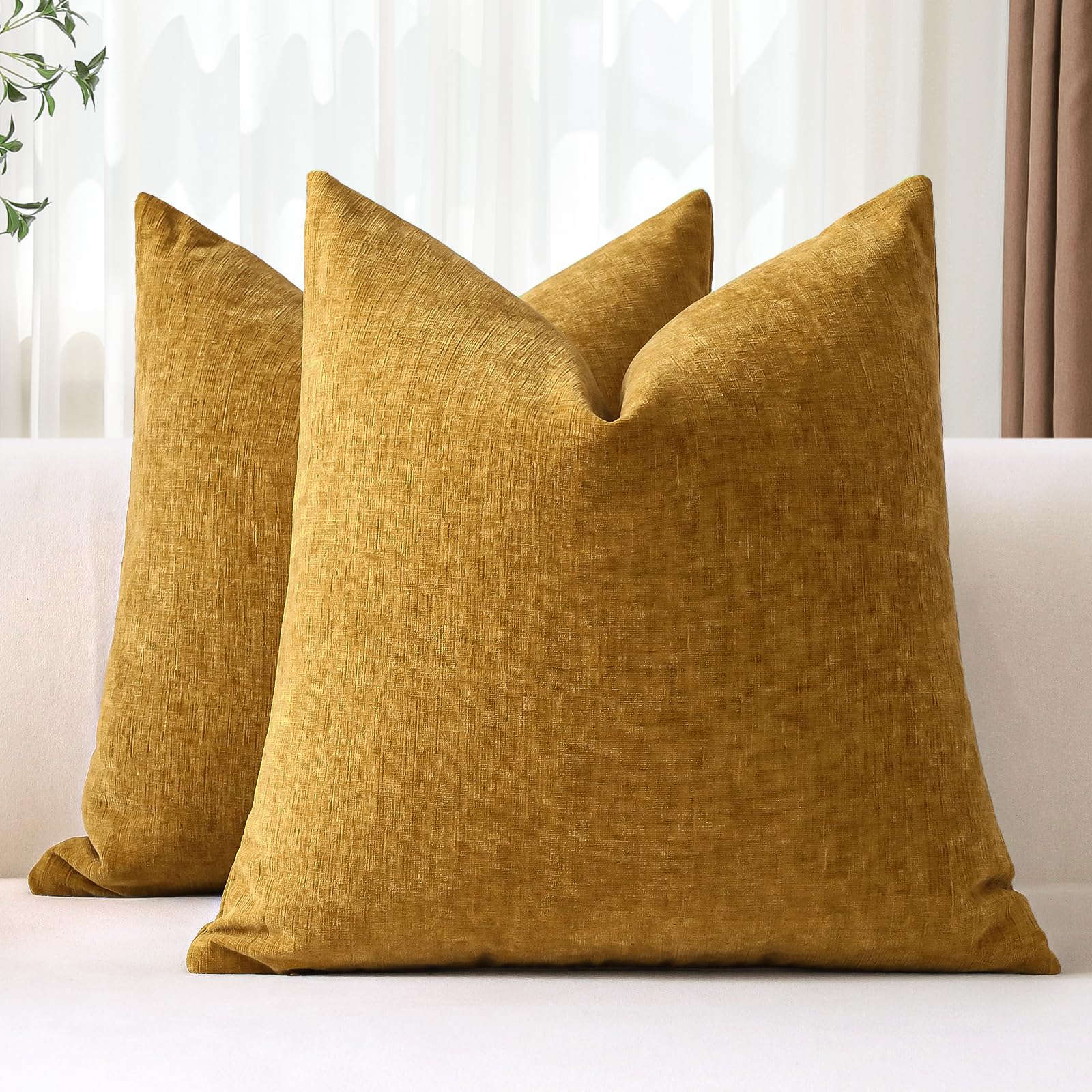 OTOSTAR Pack of 2 Throw Pillow Covers 20x20 Inch Soft Chenille Gold Yellow Farmhouse Decorative Pillow Covers Solid Cushion Case for Sofa Bed Living