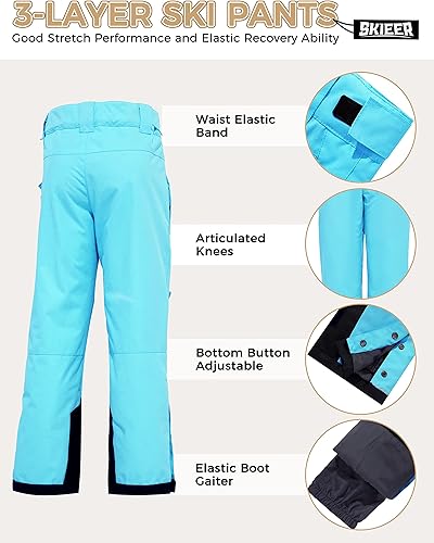 Miniatura 5 de Skieer Pantalones de esquí impermeables para niñas, pantalones cargo con aislamiento térmico para invierno, pantalones de snowboard resistentes al