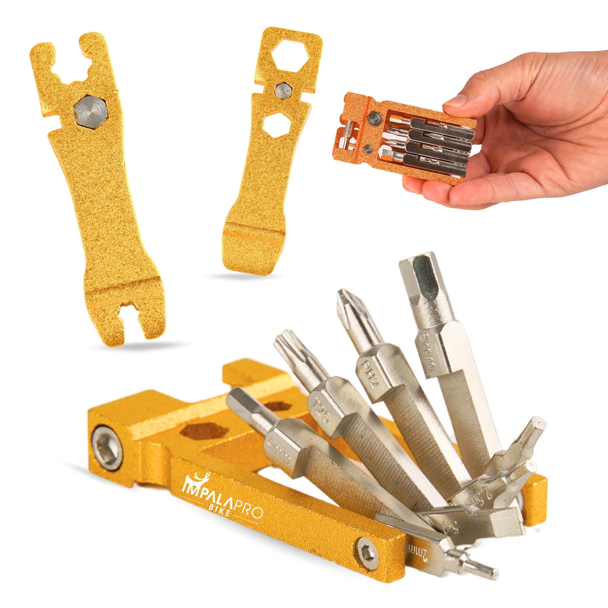 IMPALAPRO Bike Tool Kit Set 20 in 1 Compact and Lightweight (117.5g) Chrome-Vanadium (CRV) - Bike Multi Tool with Chain Breaker - Pocket Tool Kit - Bicycle Repair Kit (Gold)