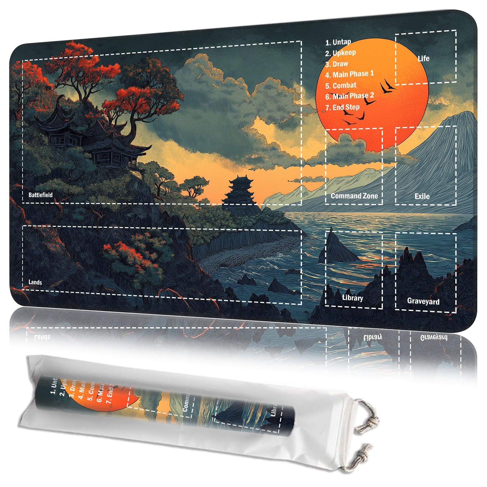 JANENFNA Playmat 24" x 14" with Magic Zones for MTG Card Game Playing, Board Game Mat for Card Breaking Commander Deck Gaming Card Game Battles Mat with Storage Bags, Japanese Mountain Sun Landscape — image 1