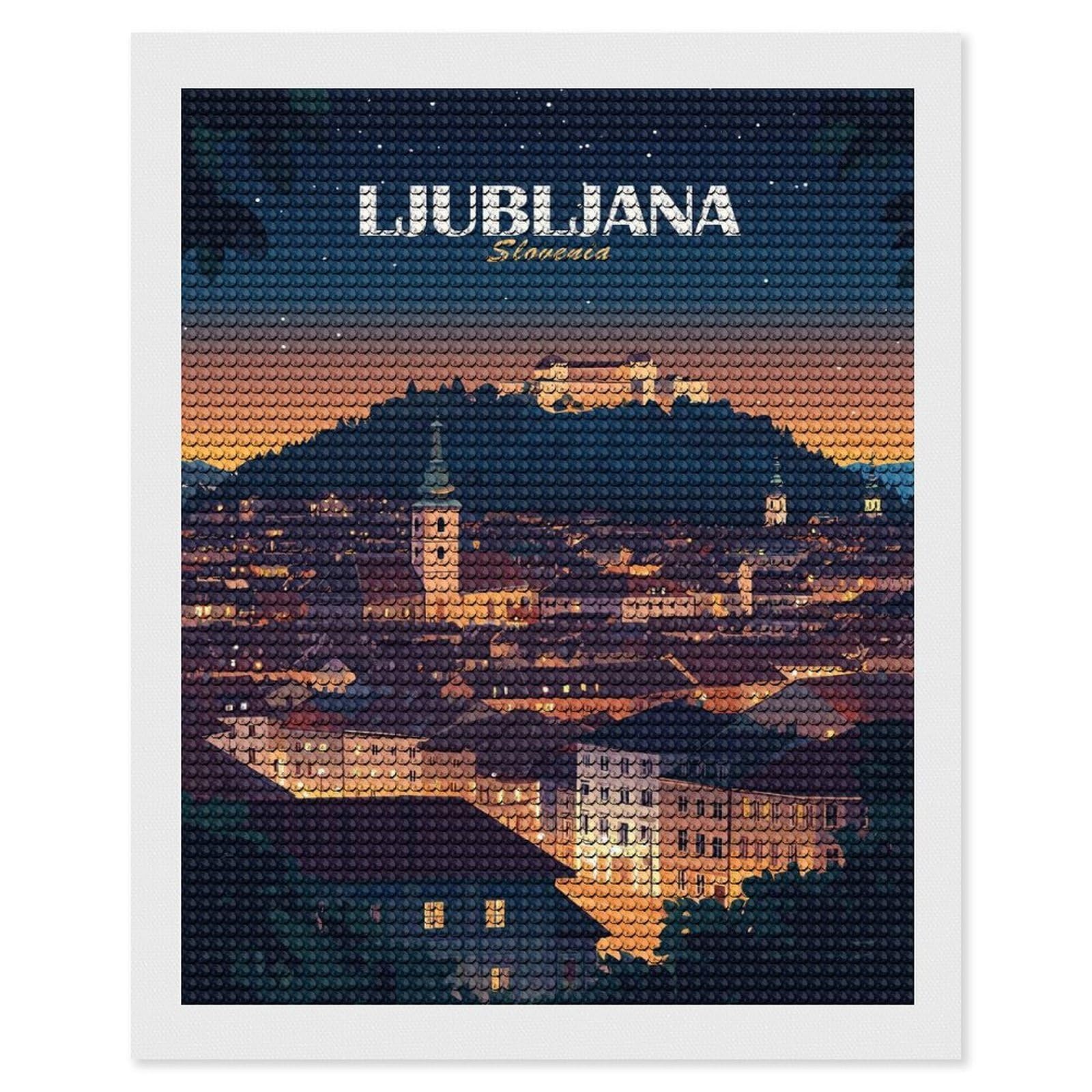 Junmoney Ljubljana Slovenia Cityscape at Night Diamond Painting Set 16"x20", for Beginners, Modern Decor, Simple to Start, Gift Idea, Pleasing Wall Art Project